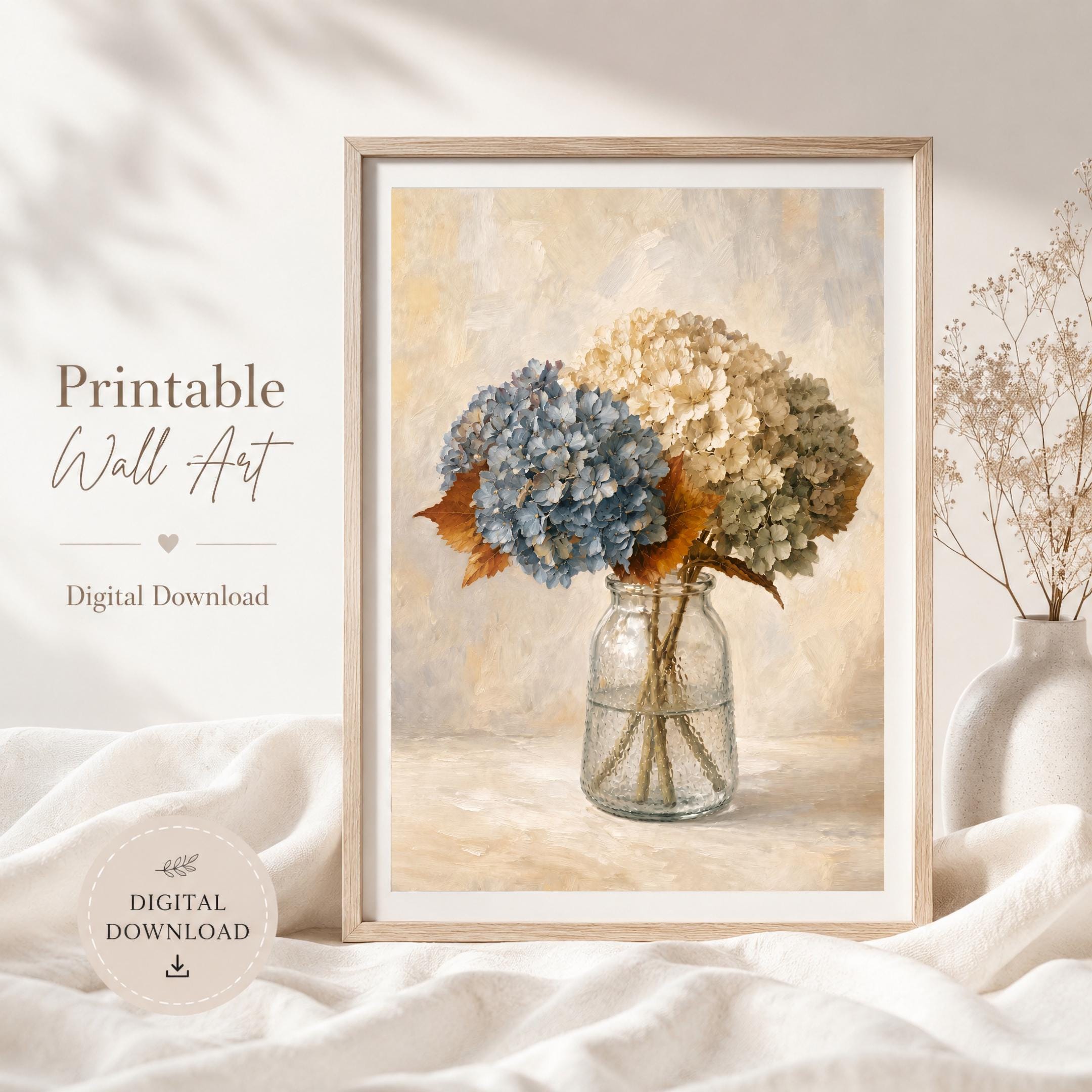 Blue and Cream Floral Glass Vase, Fall Hydrangea Art, Cozy Autumn Decor (Digital Download) — image 5