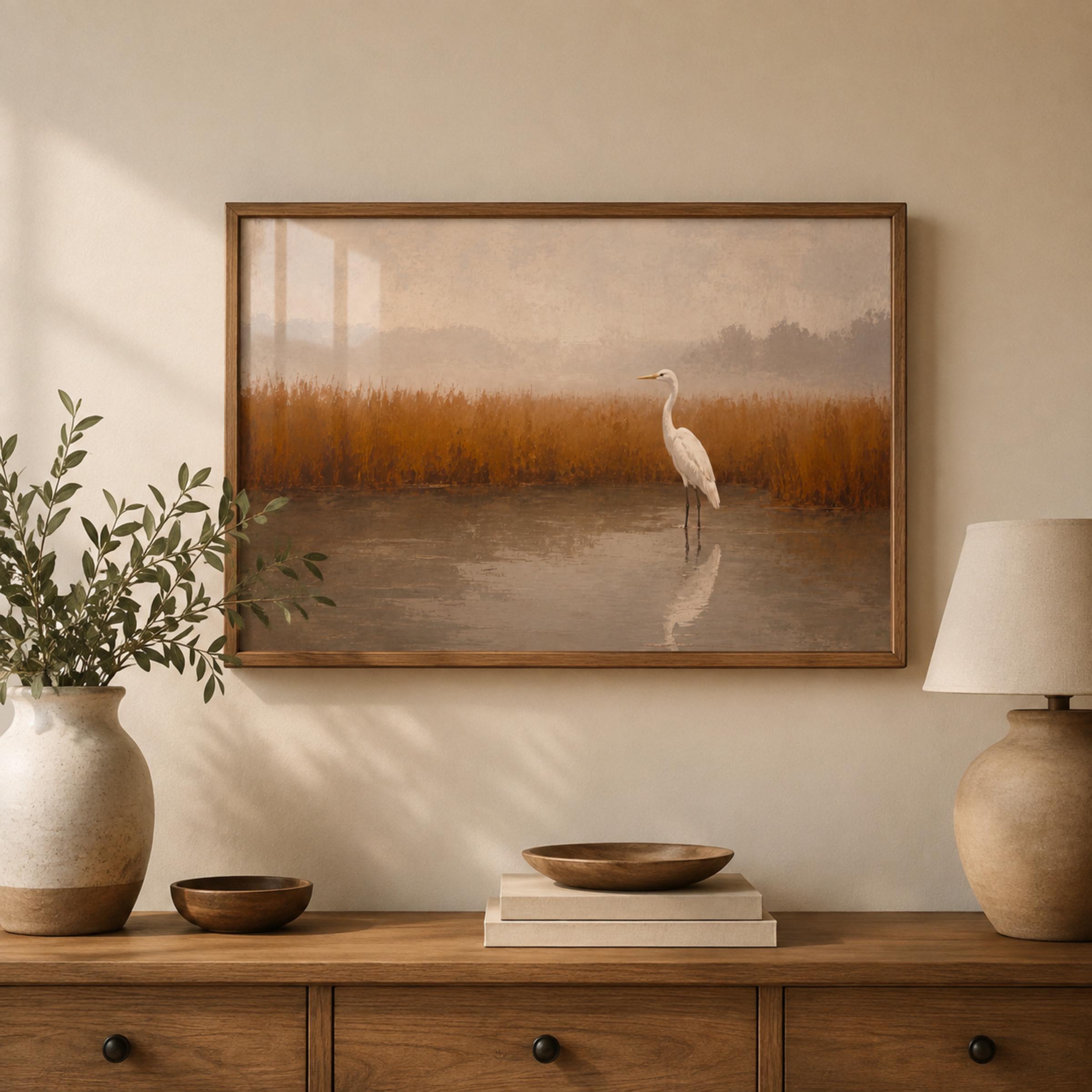 Egret Wall Art | White Heron Marsh Landscape Print | Neutral Bird Printable | Fall Digital Download — image 3