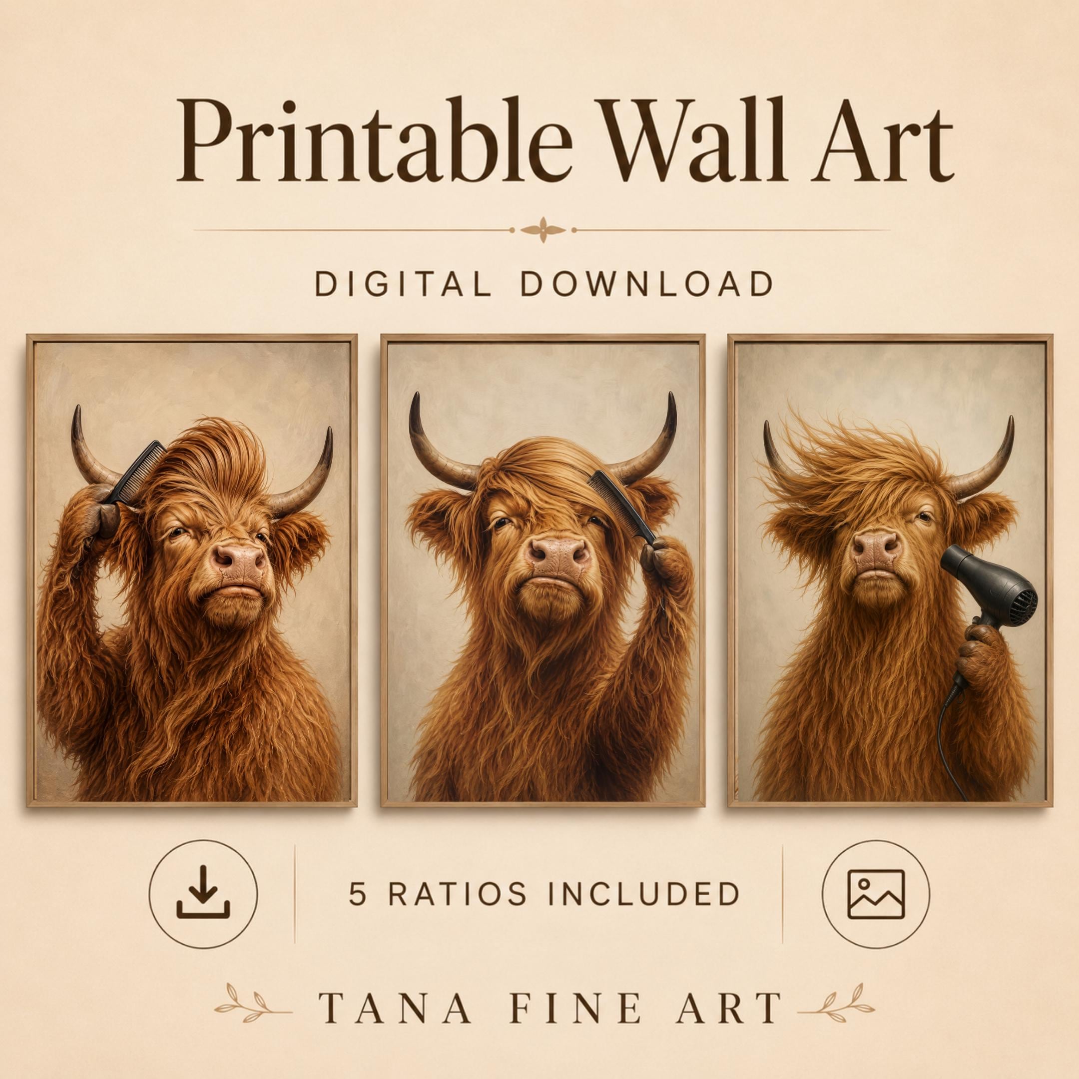 Funny Highland Cow Bathroom Printable Wall Art Set, Three Grooming Decor Prints Digital Download — image 8