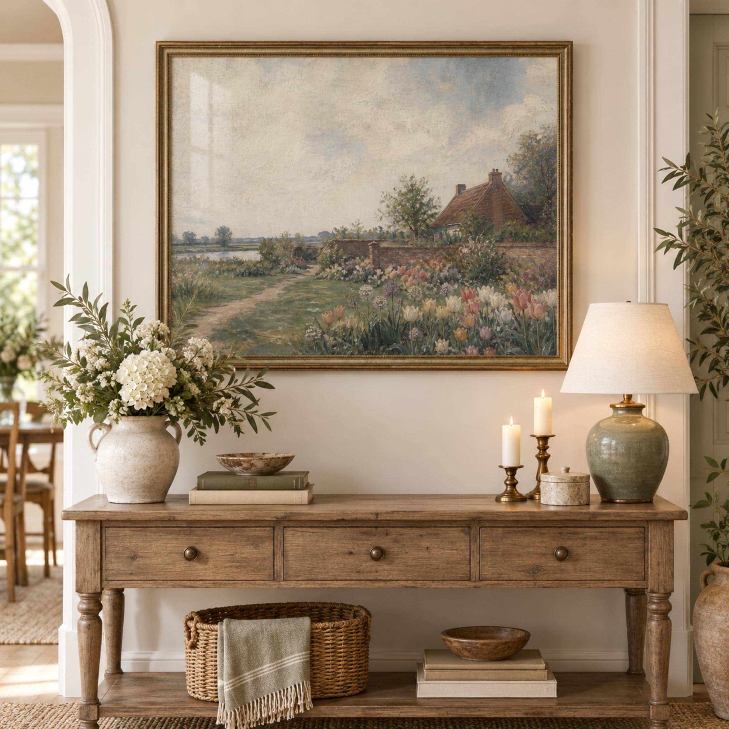 Vintage Dutch Tulip Garden Wall Art, Spring Cottage Landscape, Floral Country Decor, Digital Download — image 3