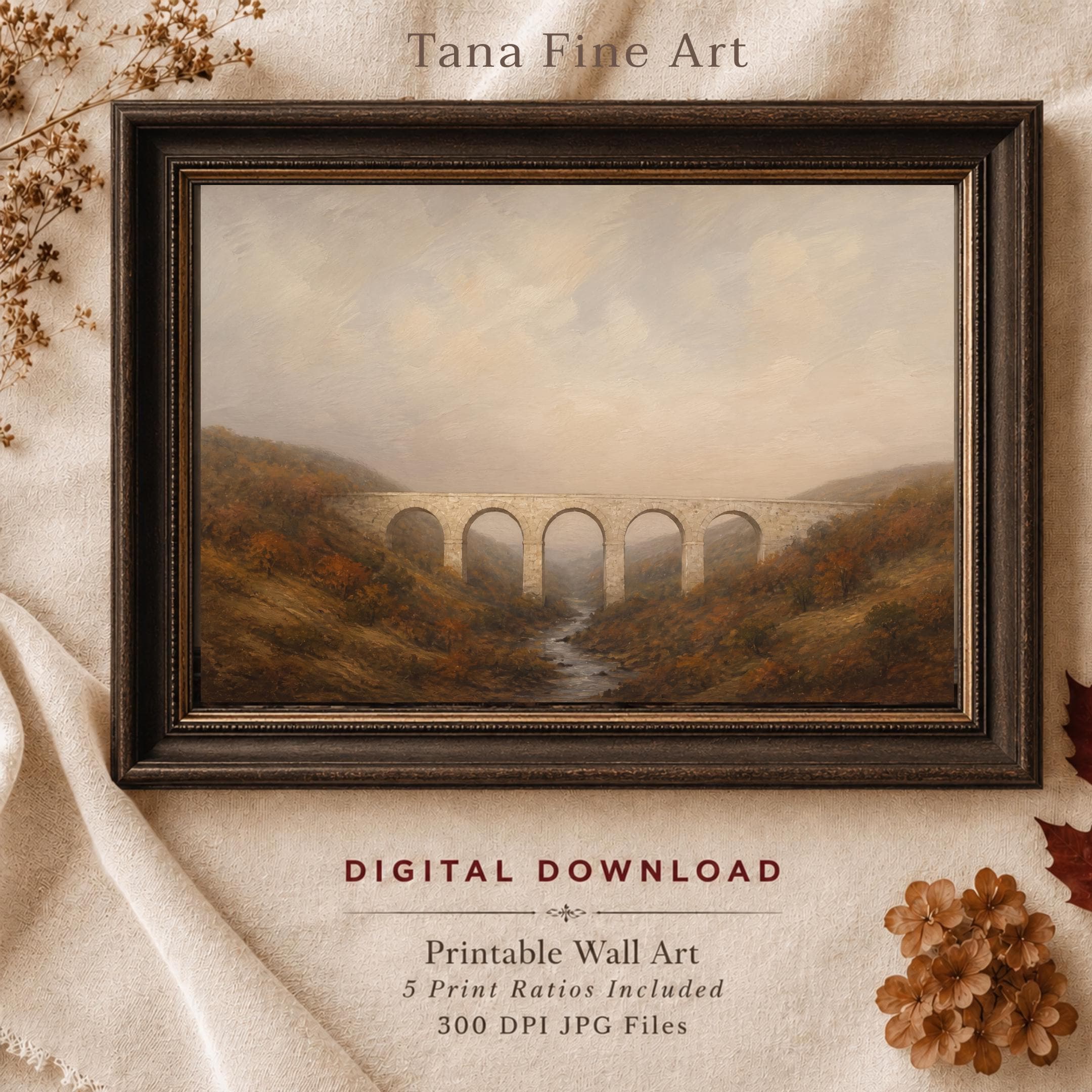 Fall Landscape Printable Wall Art | Vintage Stone Bridge Print | Rustic Autumn Countryside Digital Download