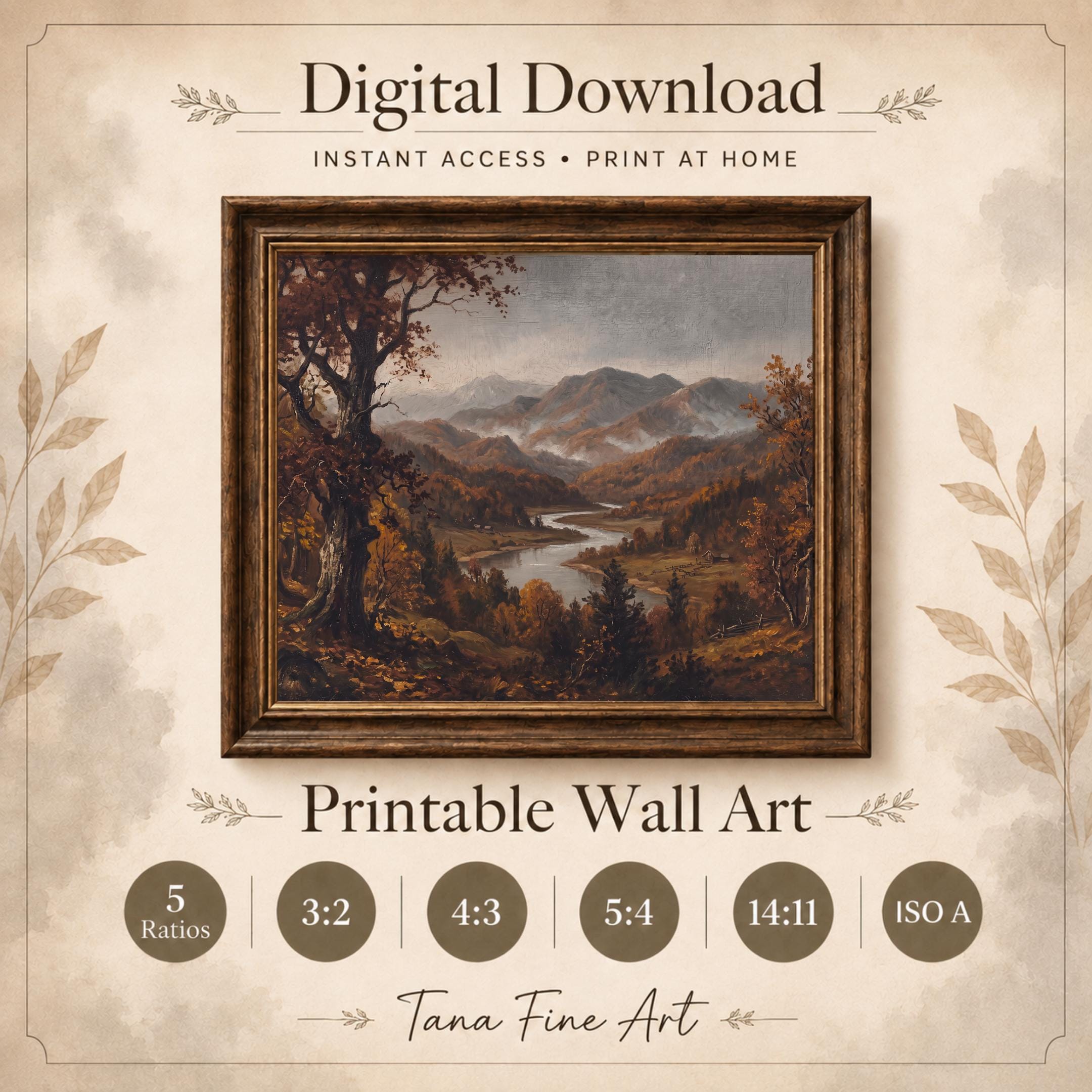 Autumn Landscape Wall Art | Fall Mountain River Valley Print | Moody Vintage Nature Digital Download — image 6