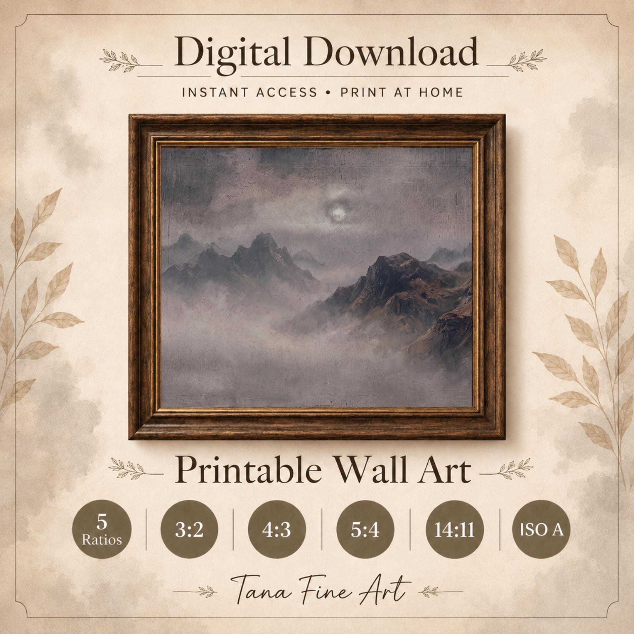 Moody Mountain Wall Art, Vintage Misty Landscape, Dark Academia Decor, Rustic Alpine Digital Download — image 6