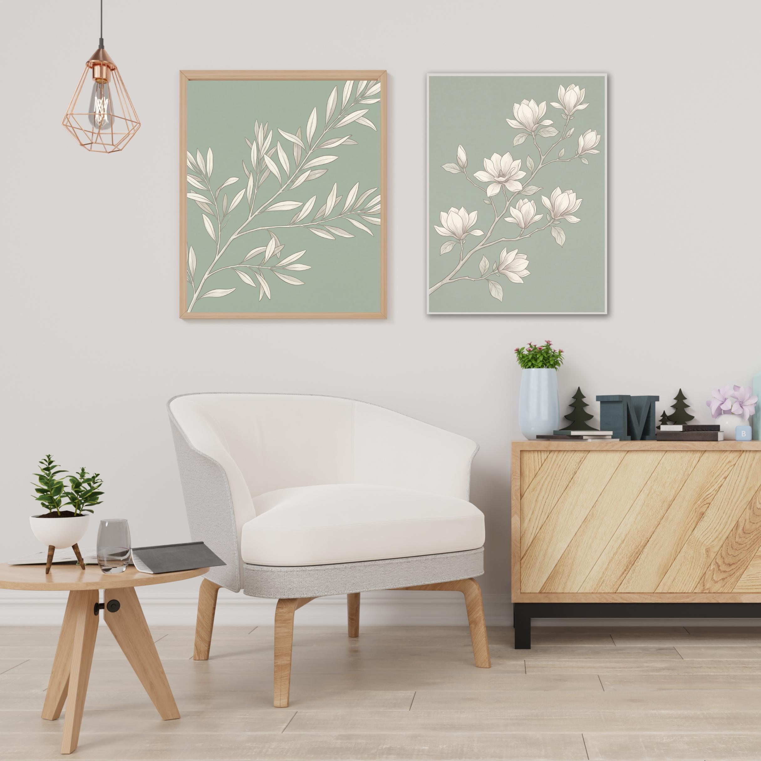 Botanical Sage Green Wall Art Set of 3 | Magnolia Hydrangea Leaf Decor (Digital Download) — image 2