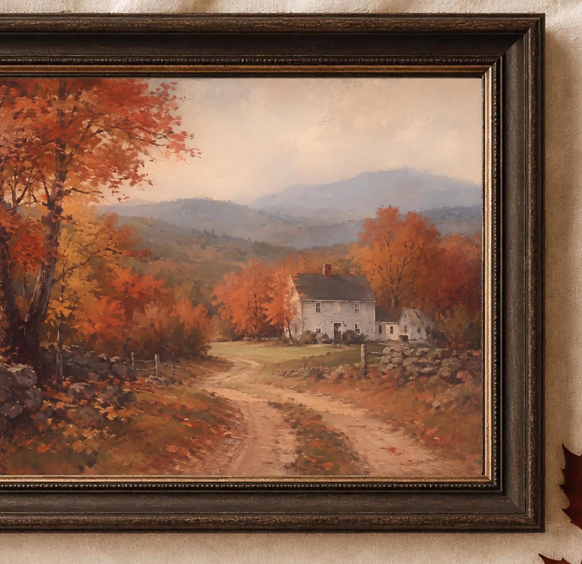 Vintage Fall Cottage Wall Art, New England Autumn Landscape, Rustic Farmhouse Decor Digital Download — image 2