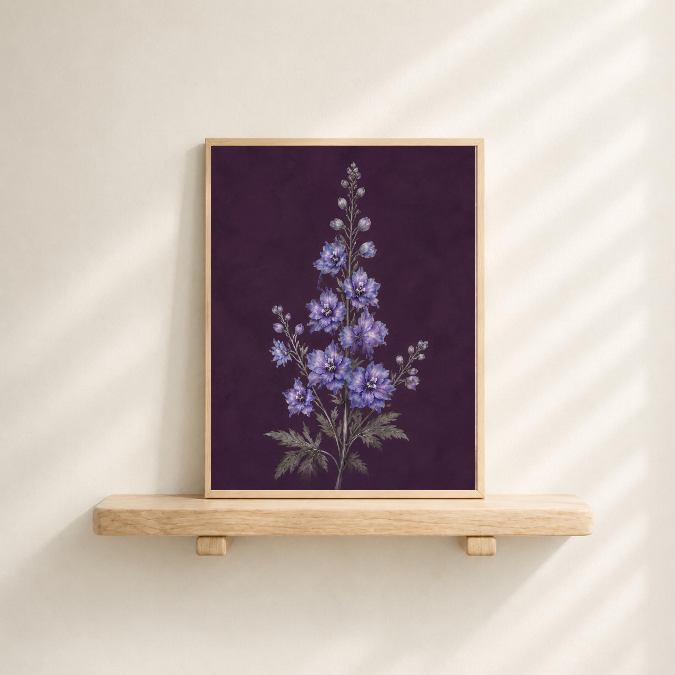 Dark July Birth Flower Print | Larkspur Wall Art | Dark Botanical Digital Download — image 9