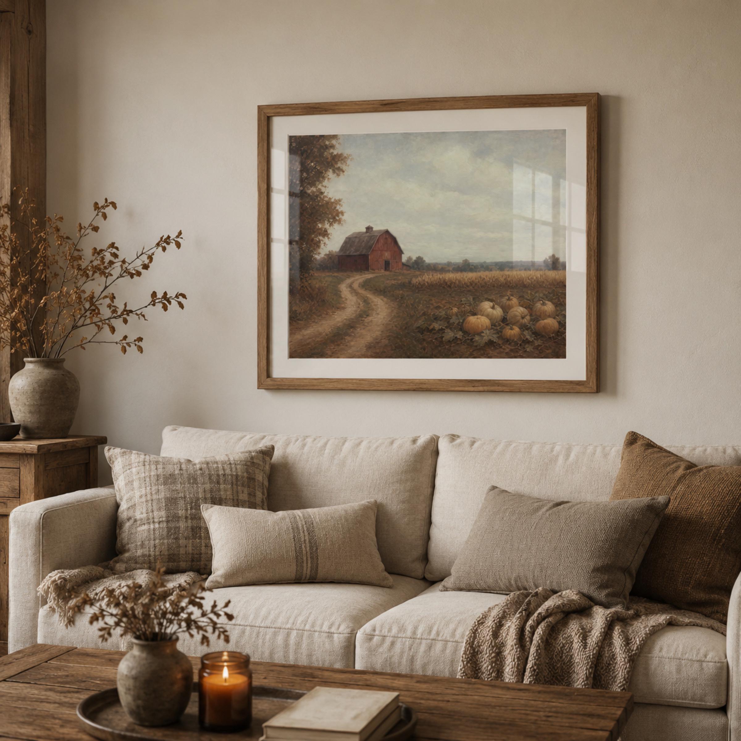Pumpkin Farm Wall Art | Rustic Barn Landscape Print | Fall Printable Digital Download — image 2