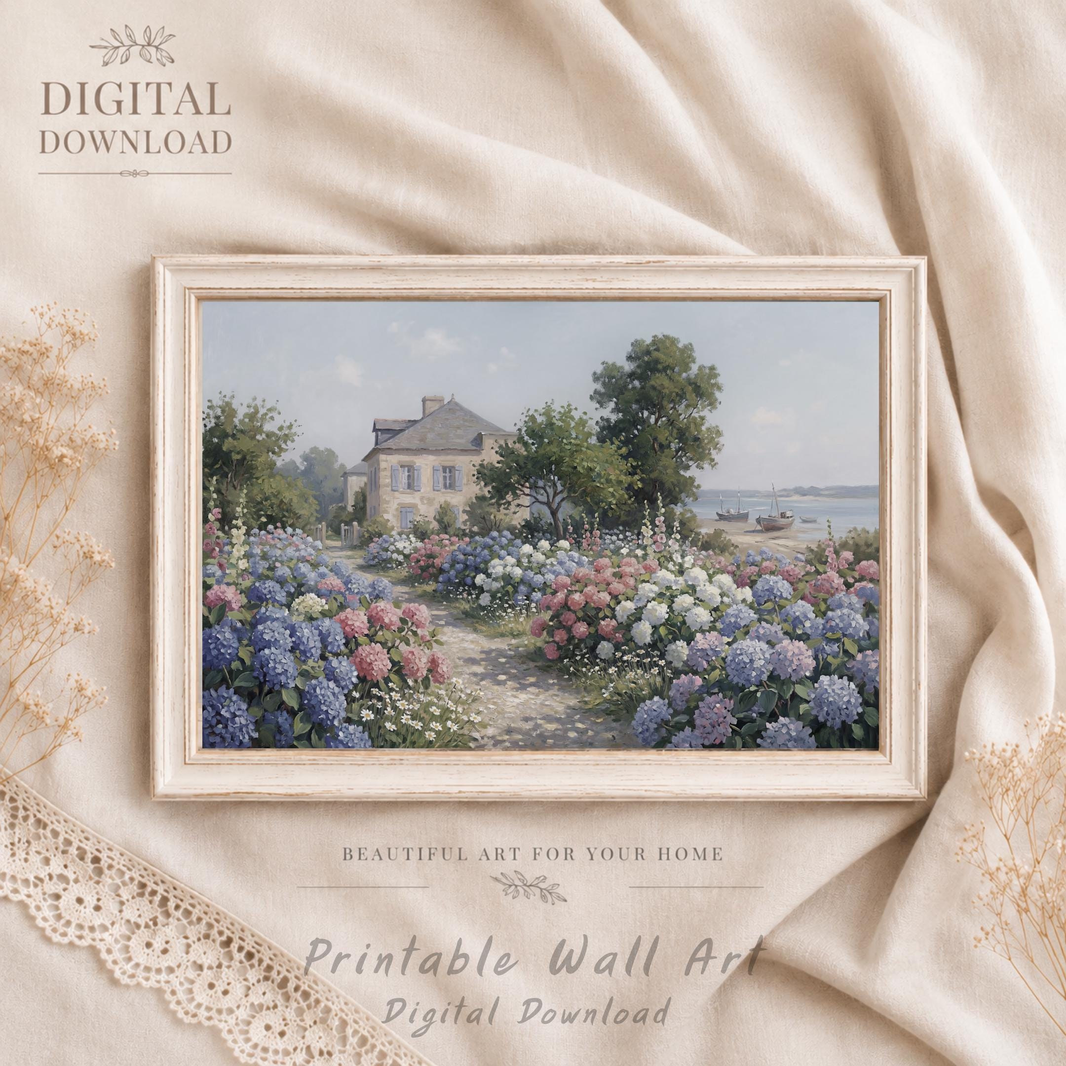 Coastal Hydrangea Garden Print, Seaside Cottage Floral Landscape, Summer Decor (Digital Download) — image 10