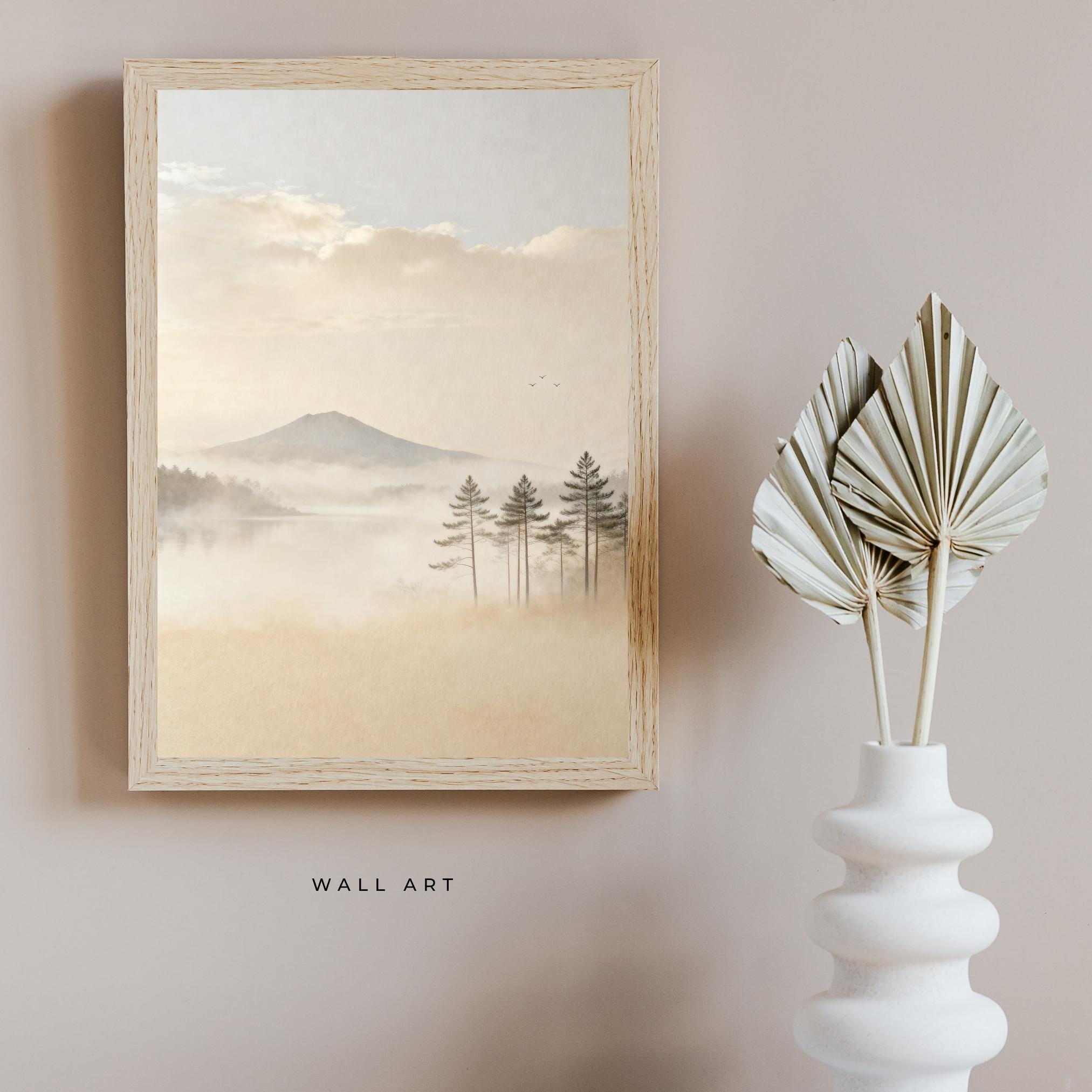 Neutral Mountain Lake Printable Wall Art, Misty Pine Forest, Japandi Decor Digital Download — image 6
