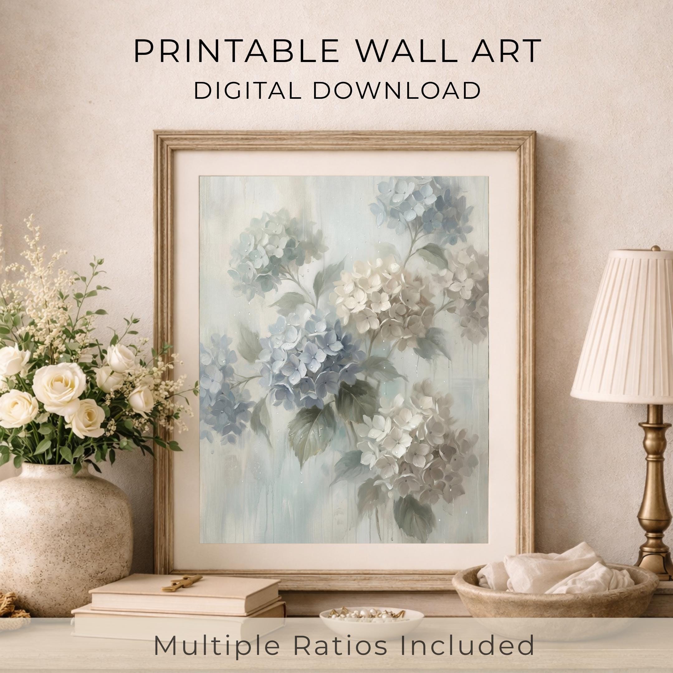 Blue Hydrangea Wall Art Printable | Neutral Floral Soft Botanical Decor (Digital Download) — image 4