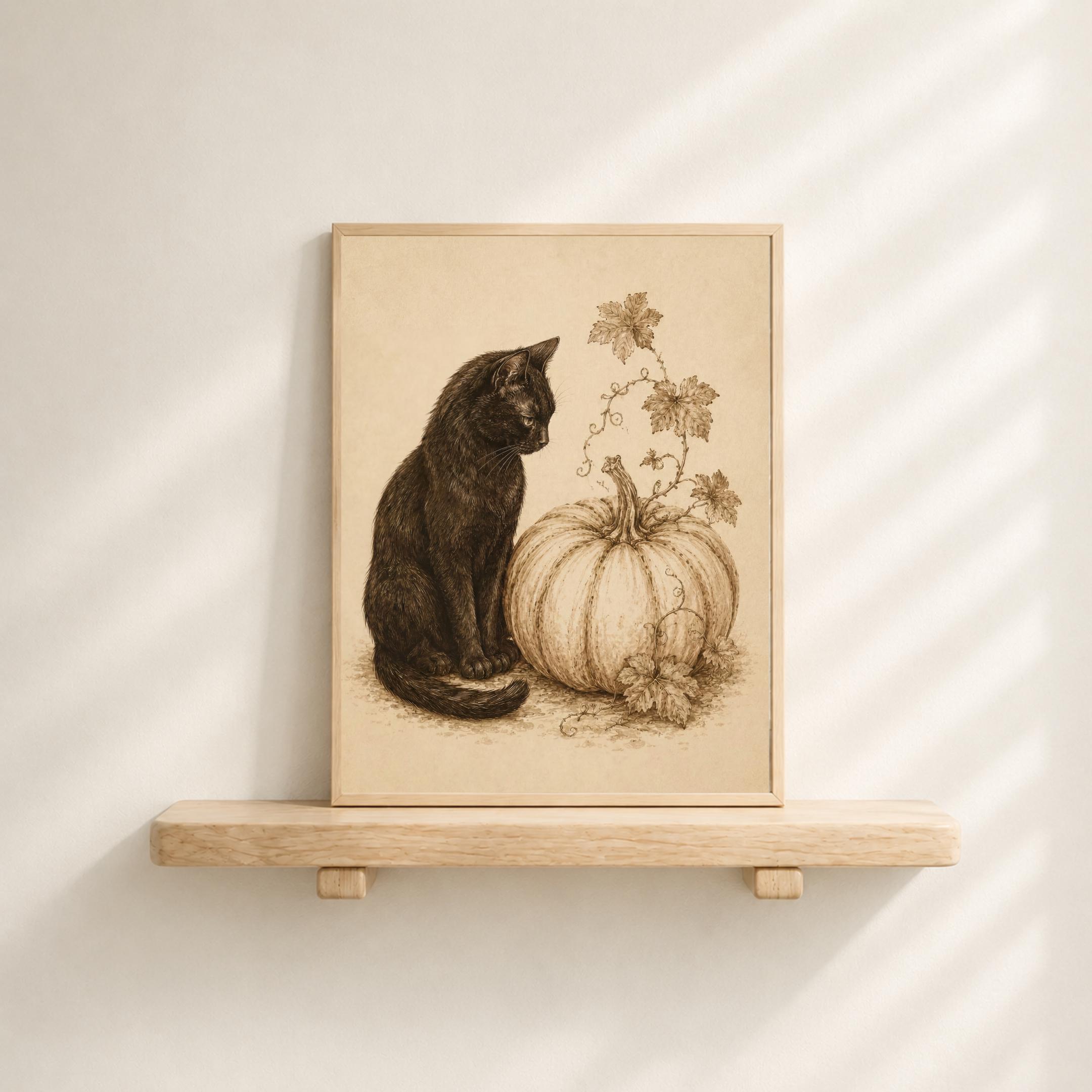Halloween Black Cat, White Pumpkin Art, Vintage Fall Botanical, Rustic October Halloween Digital Download — image 6