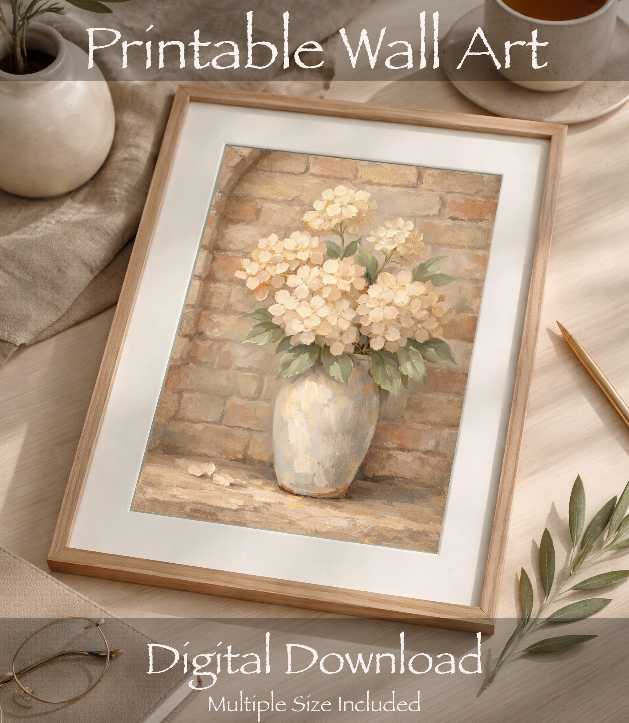 Hydrangea Vase Painting, Neutral Farmhouse Floral Decor, Rustic Brick Botanical Print (Digital Download) — image 7