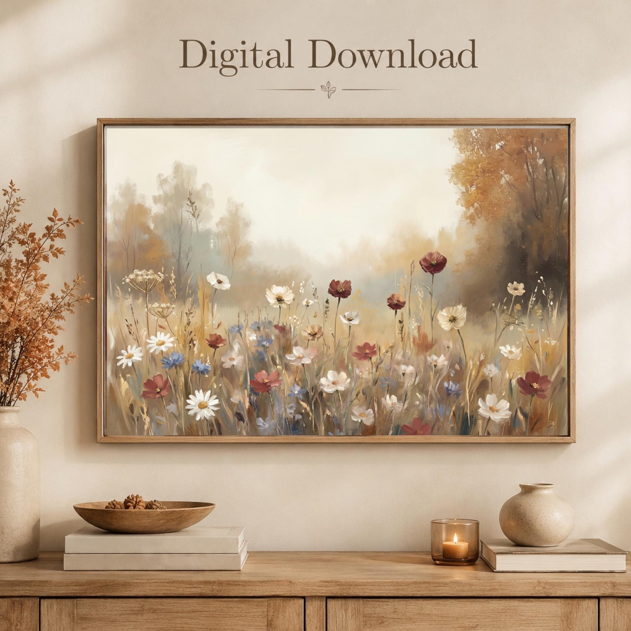 Fall Wildflower Meadow Wall Art, Autumn Floral Landscape Print, Cottage Nature (Digital Download)