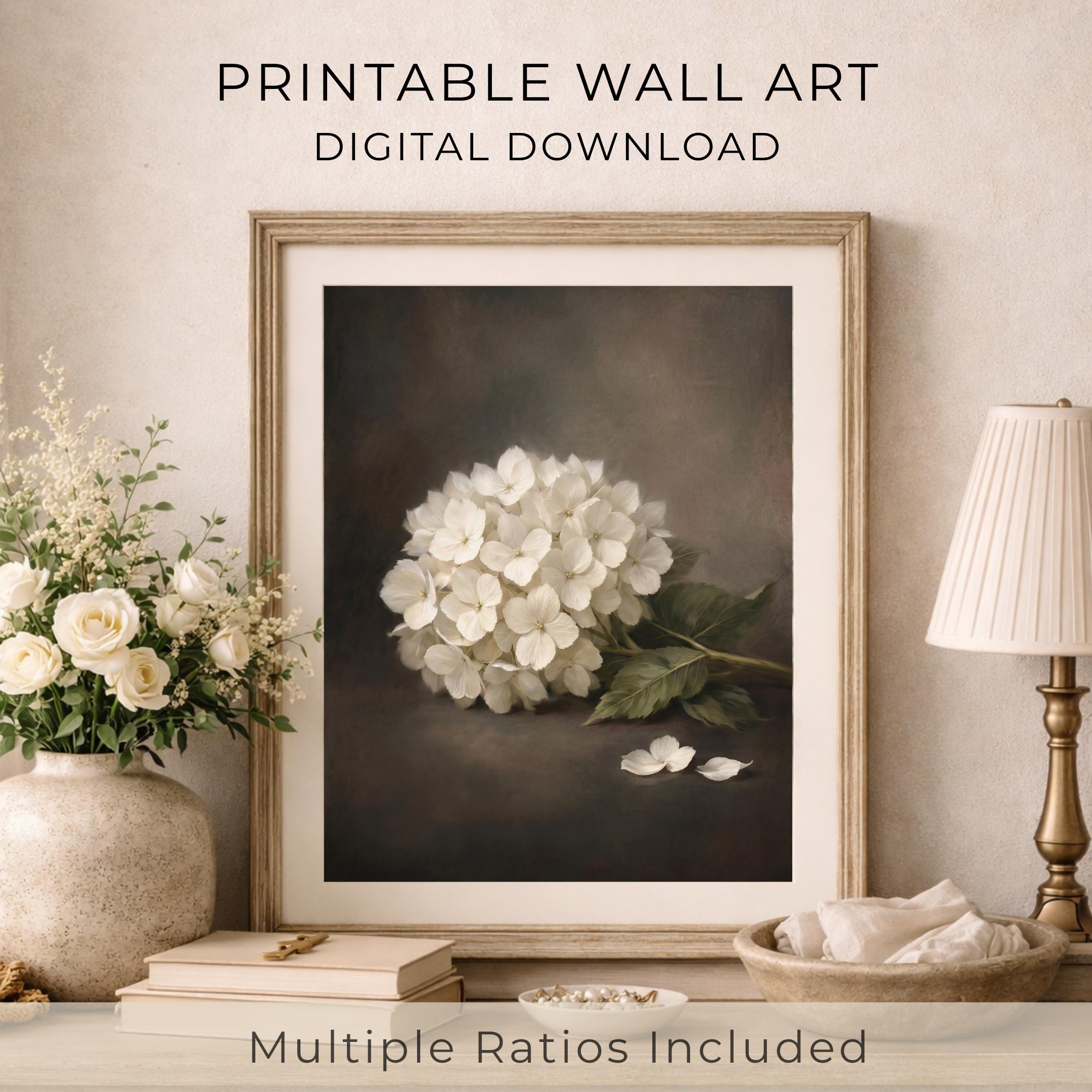 White Hydrangea Still Life Wall Art, Moody Floral Prints, Antique Floral Decor (Digital Download) — image 9