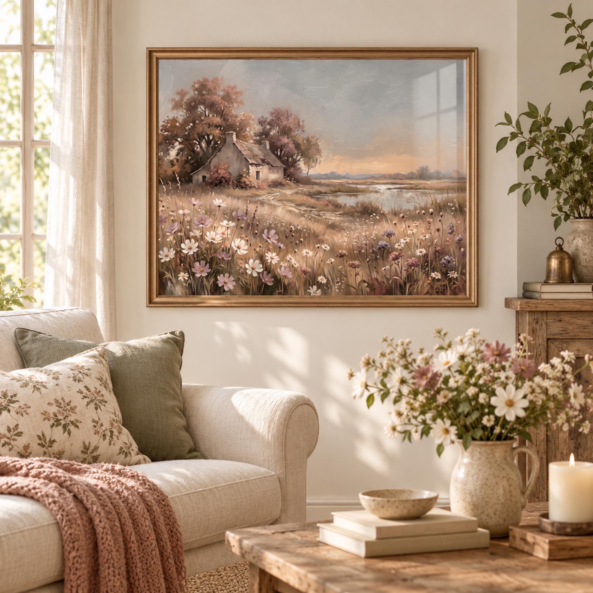 Autumn Cottage Landscape Printable Wall Art, Neutral Wildflower Meadow Rustic Home Decor Digital Download — image 3