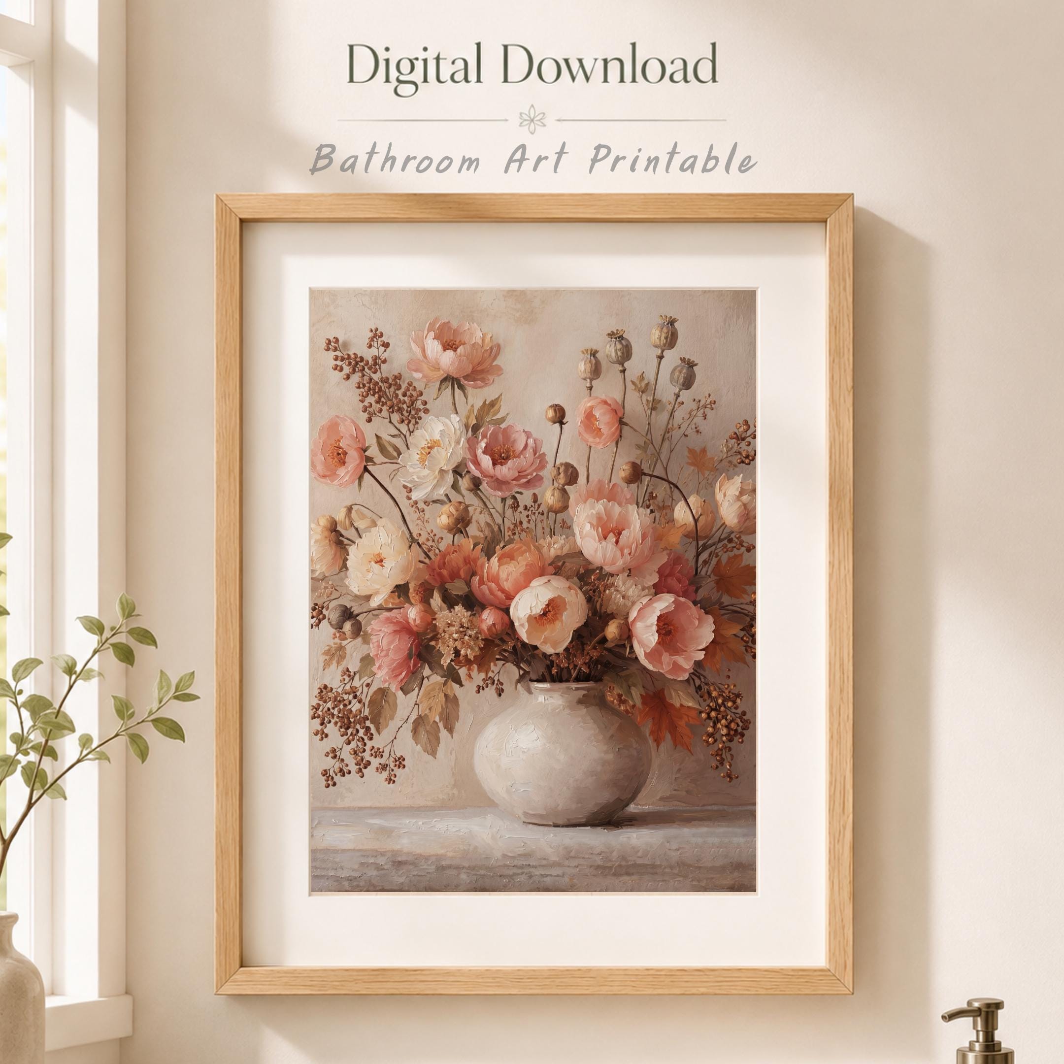 Blush Peony Vase Printable Wall Art, Autumn Floral Rustic Cottage Home Decor Digital Download — image 6