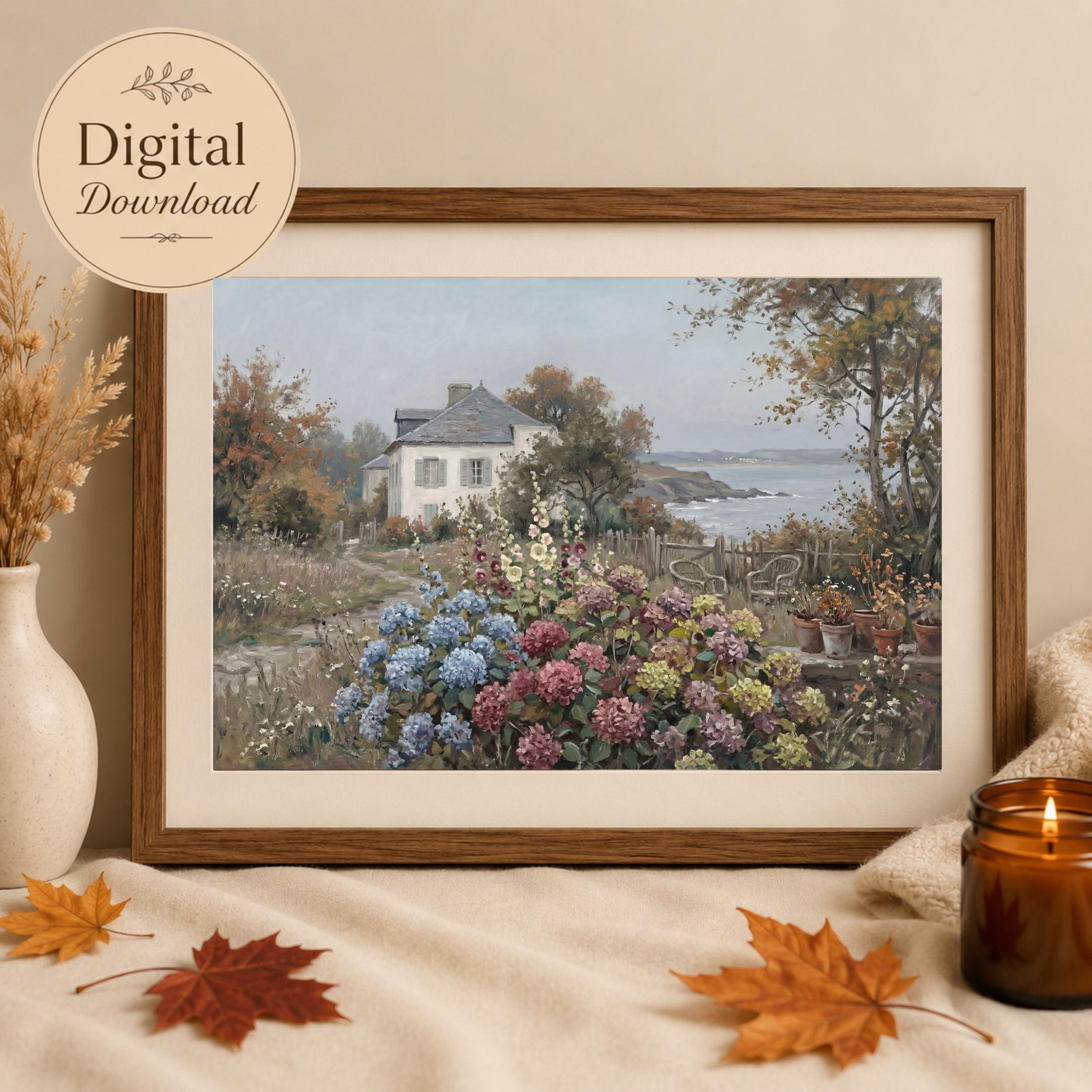 Coastal Cottage Garden Wall Art, Hydrangea Seaside Floral Landscape Print, Vintage Coastal (Digital Download) — image 5