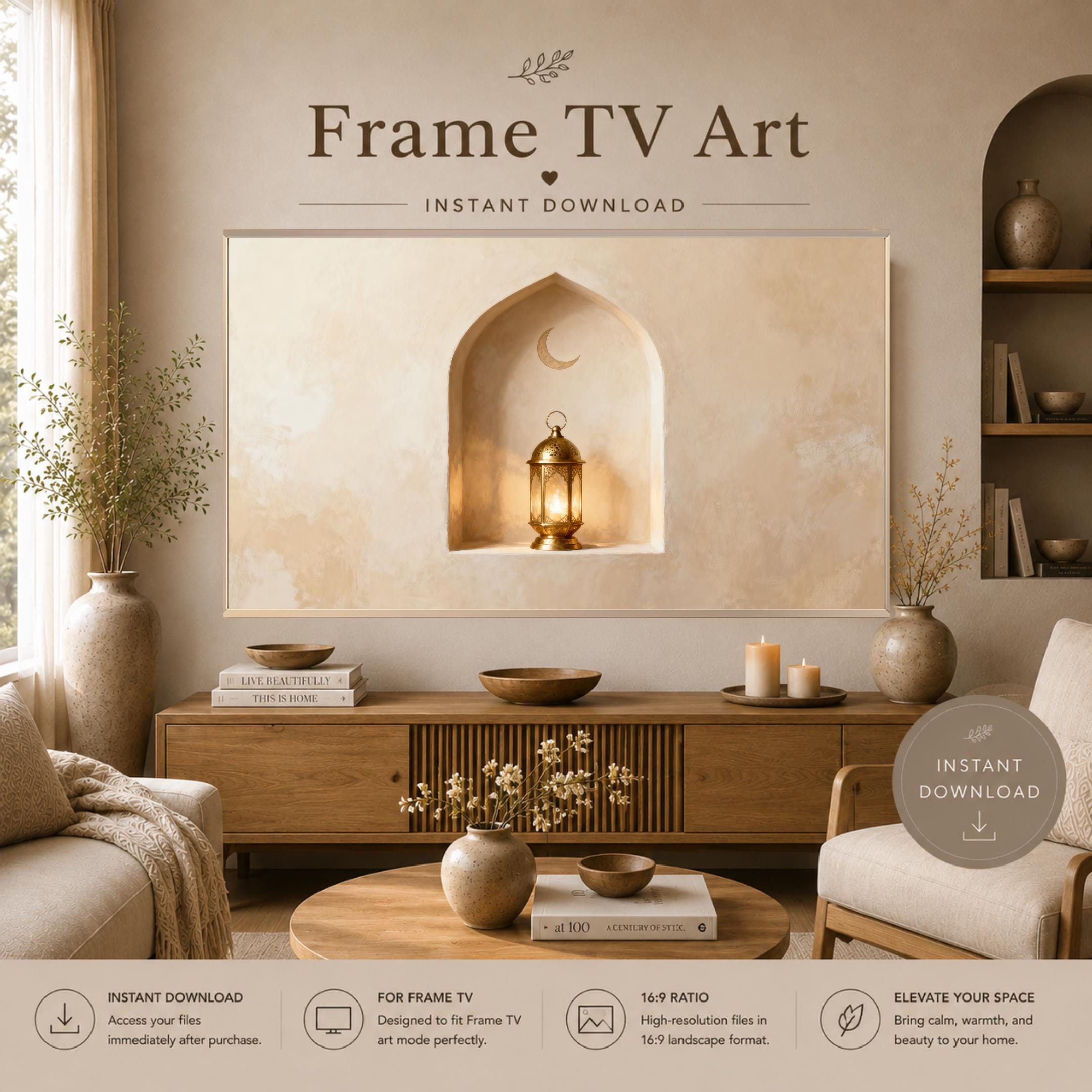 Islamic Frame TV Art | Minimal Crescent Lantern | 4K Digital Download — image 2
