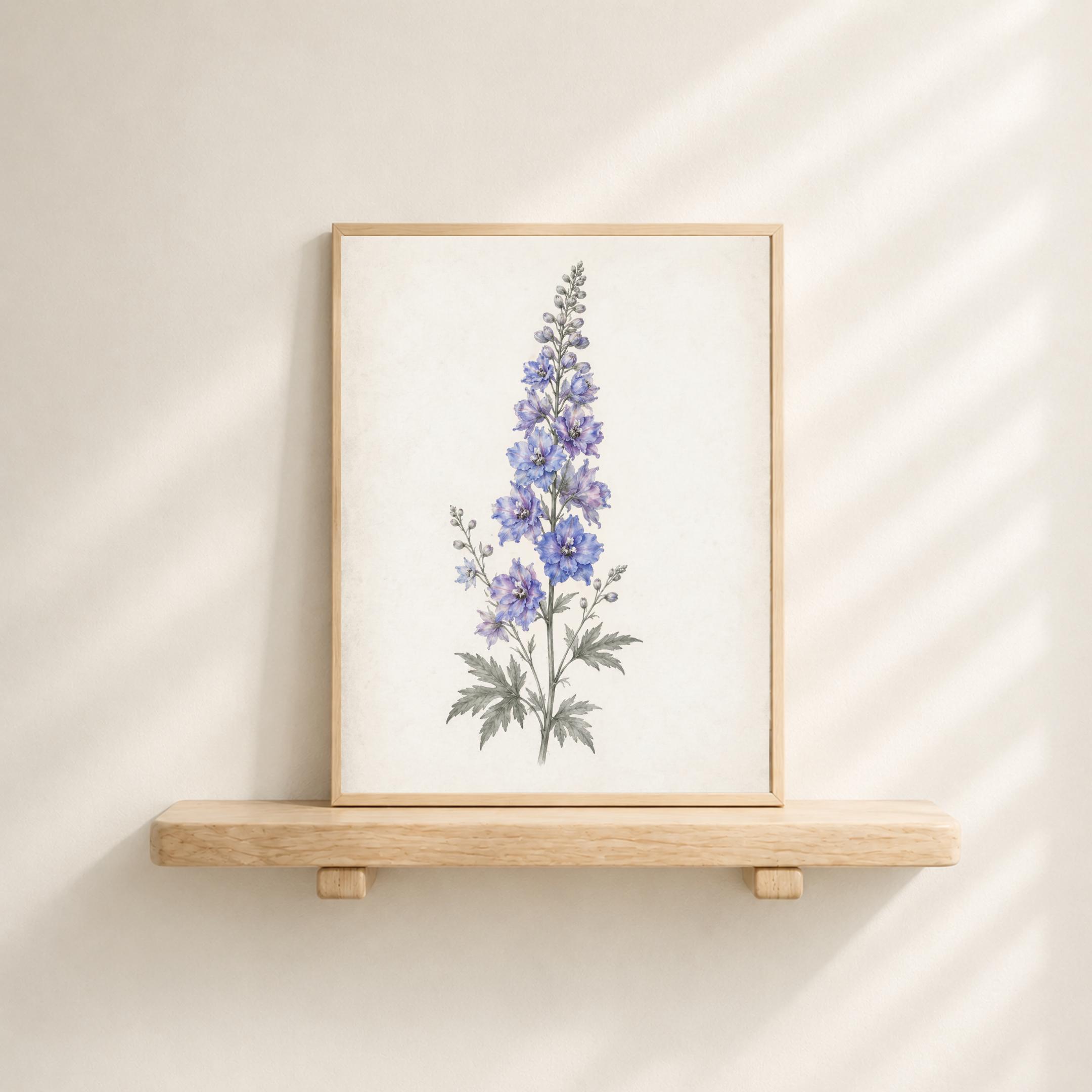 July Birth Flower Art Print, Blue Larkspur Vintage Botanical Prints, Watercolor Floral (Digital Download) — image 2