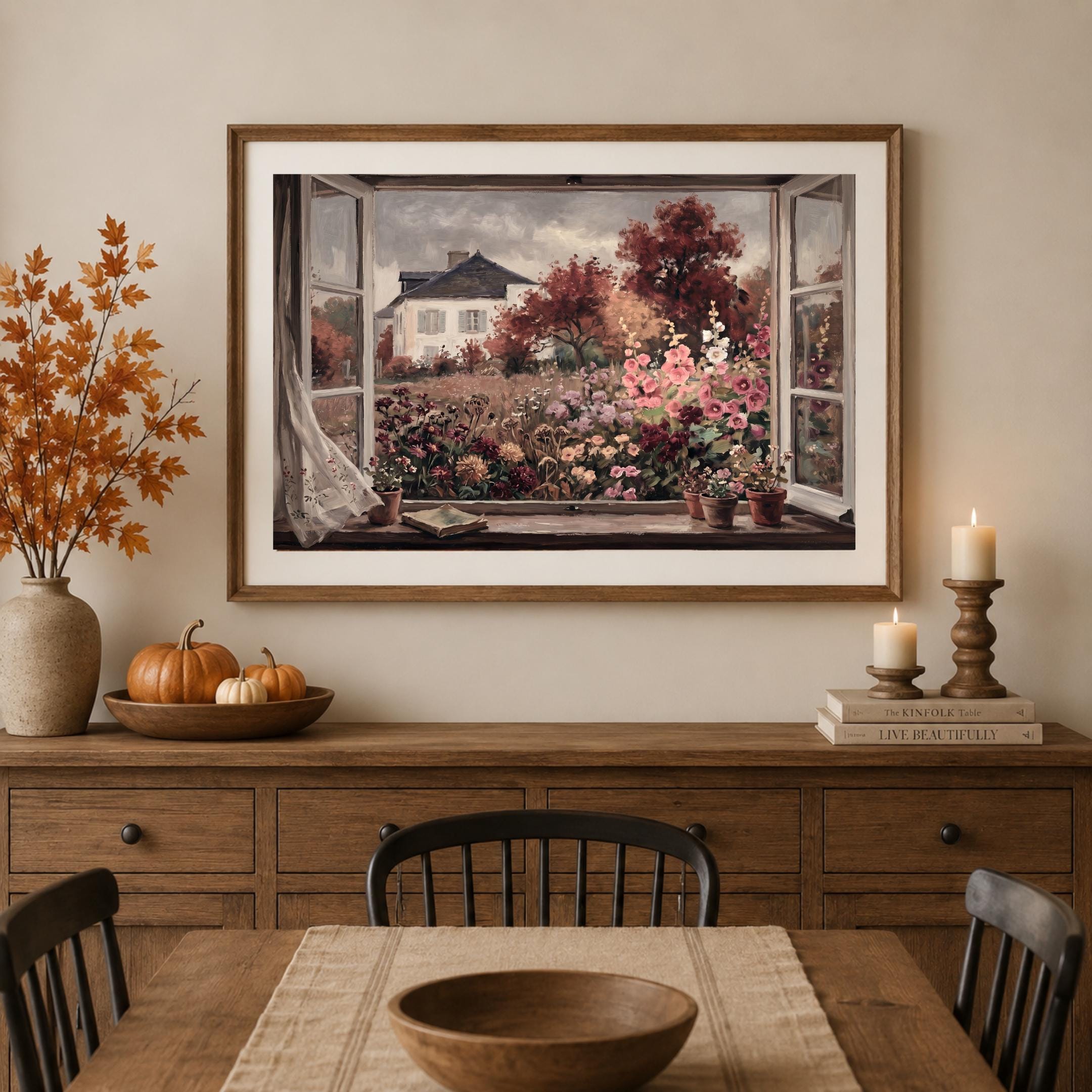 Autumn Cottage Window Wall Art, Moody Floral Garden Landscape, Rustic Fall Decor (Digital Download) — image 4