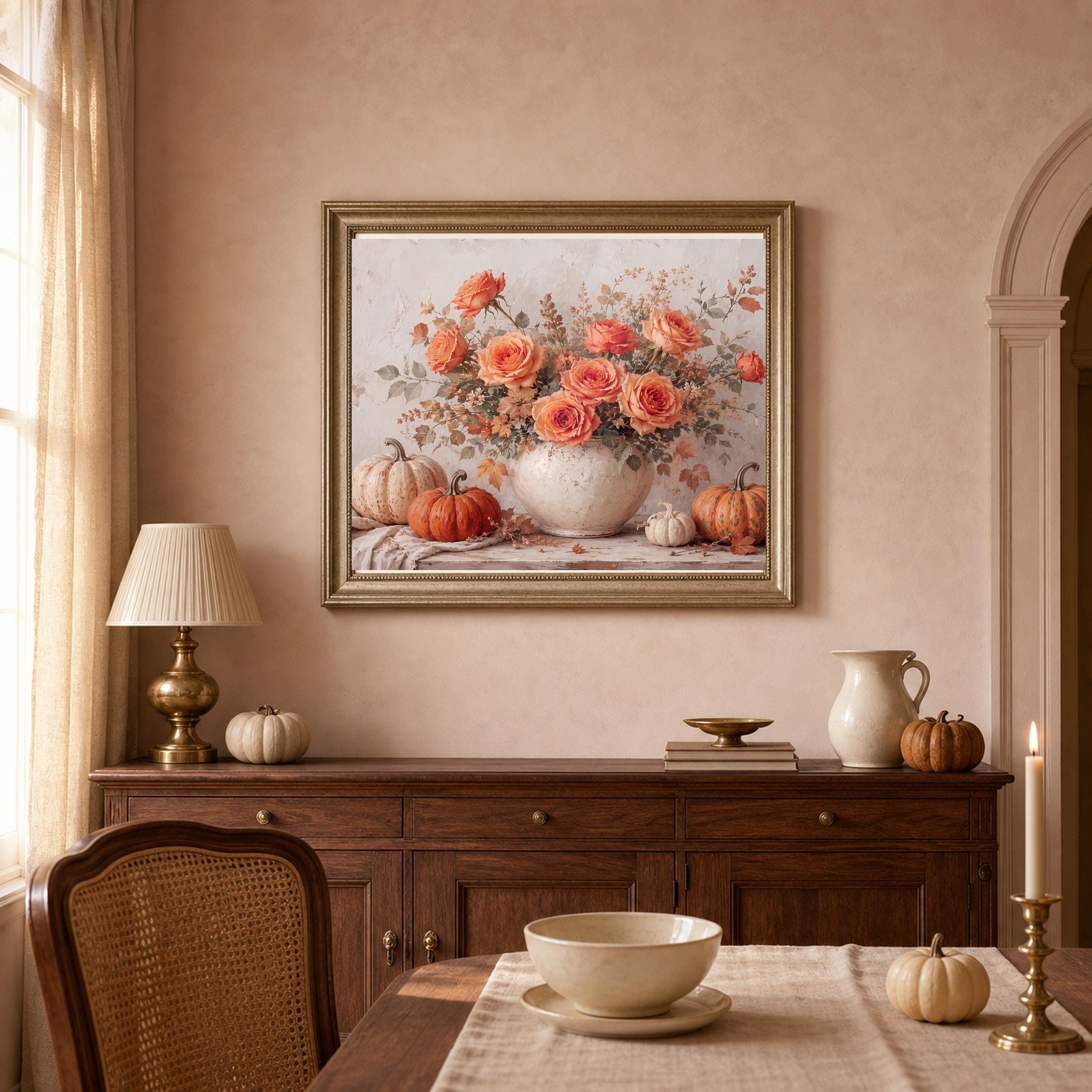 Autumn Rose Pumpkin Wall Art, Vintage Floral Still Life Printable Digital Download — image 3