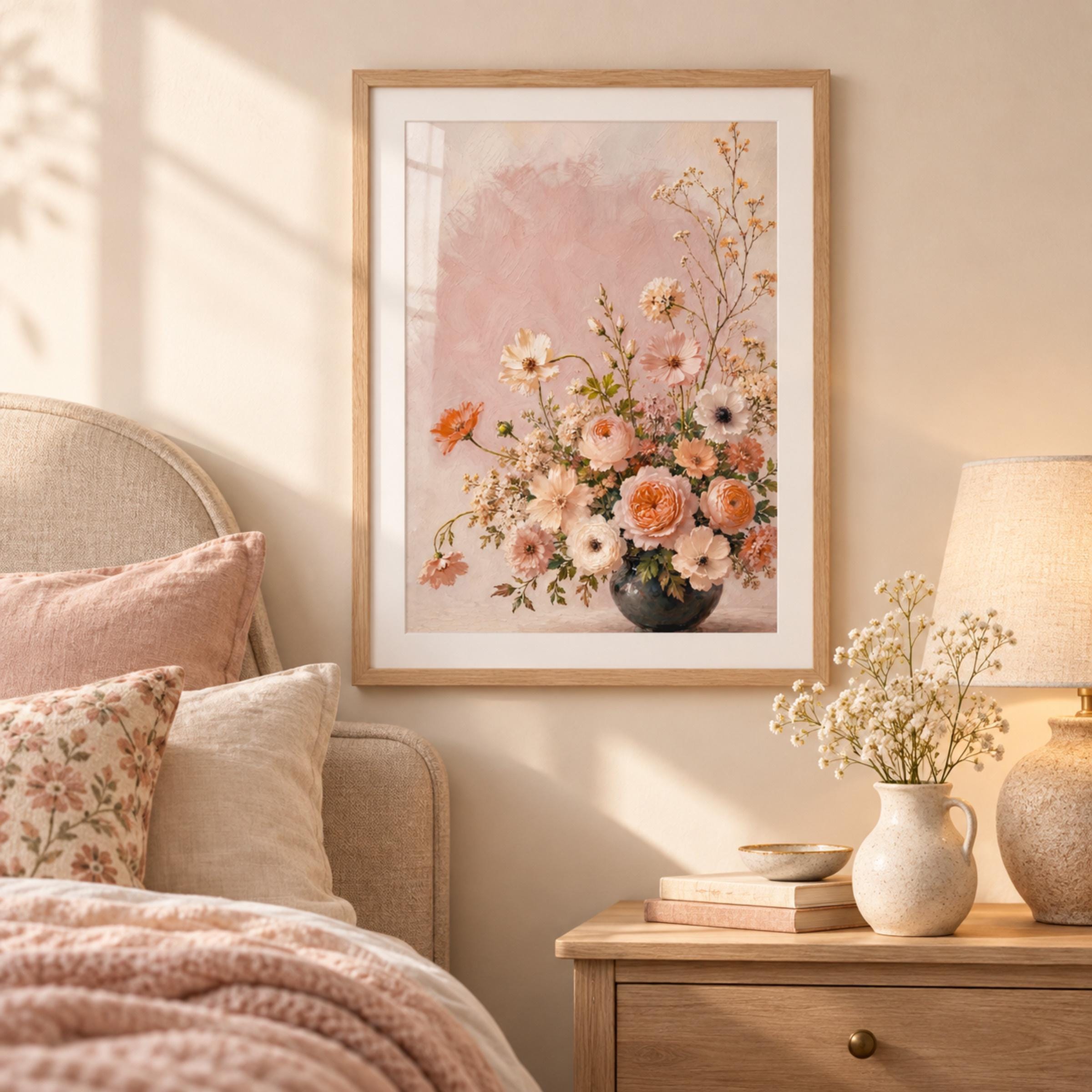 Peach Summer Floral Vase Printable Wall Art, Blush Boho Cottage Home Decor Digital Download — image 3