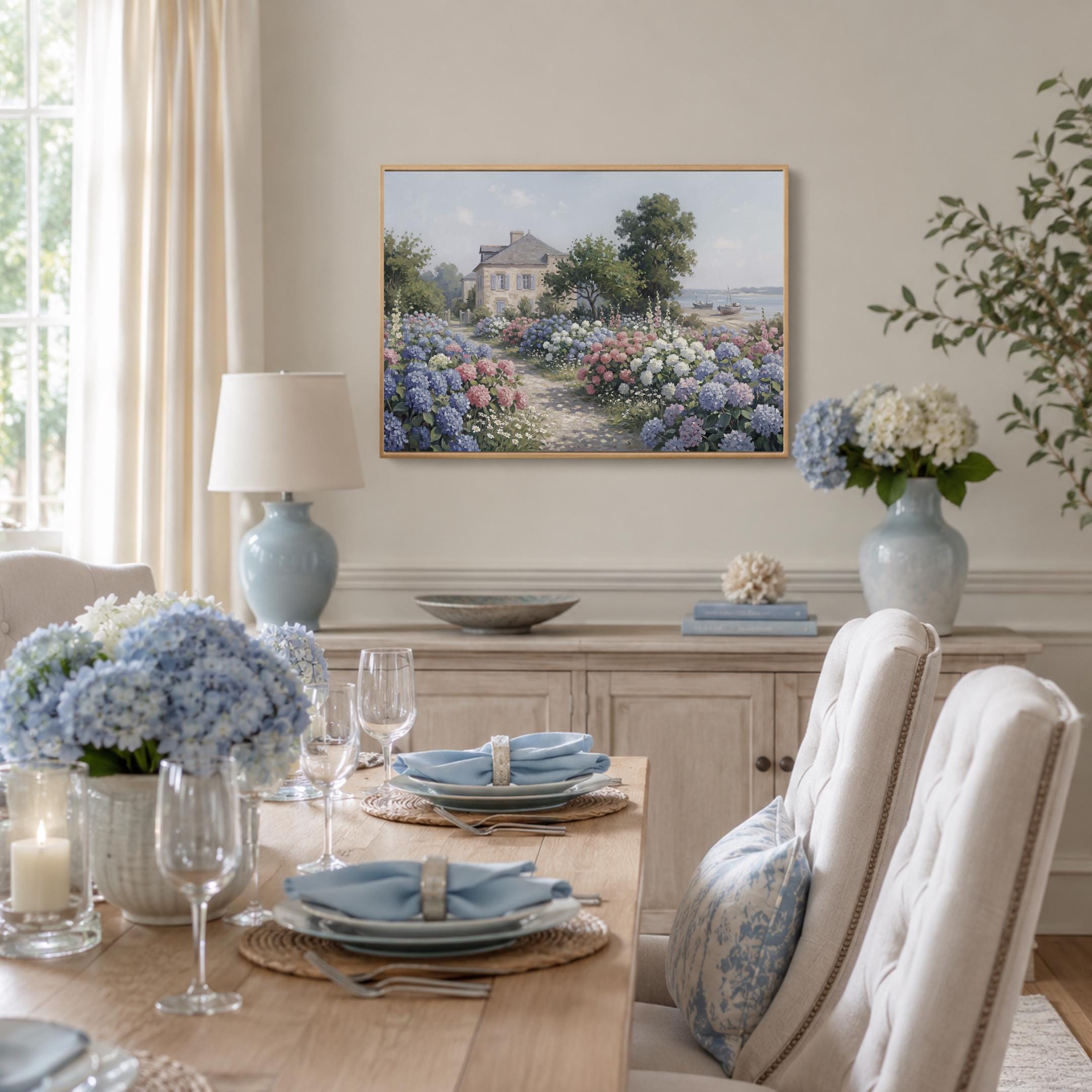 Coastal Hydrangea Garden Print, Seaside Cottage Floral Landscape, Summer Decor (Digital Download) — image 4