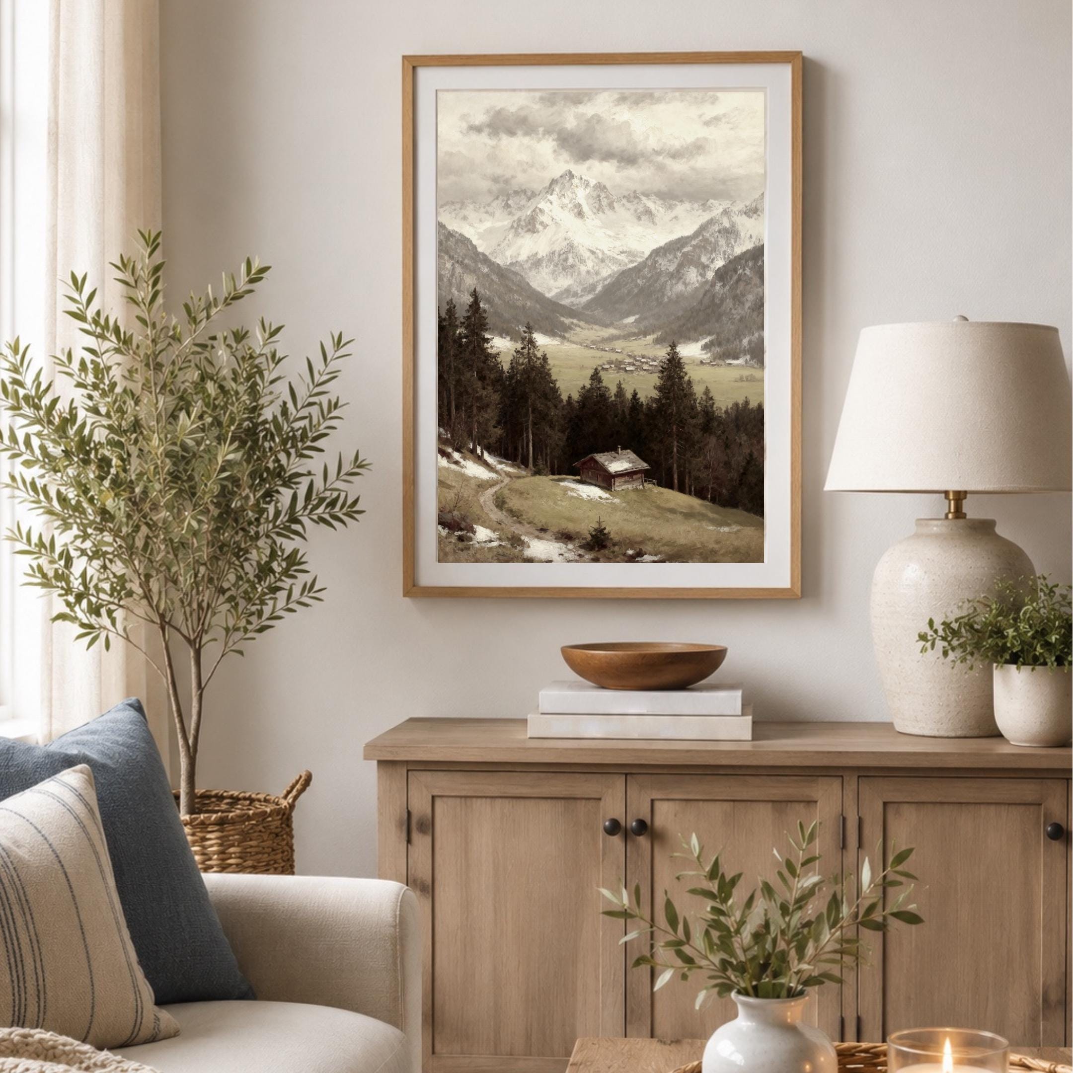 Alpine Mountain Landscape Wall Art, Rustic Cabin Valley, Vintage Paintings Nature Decor (Digital Download) — image 4