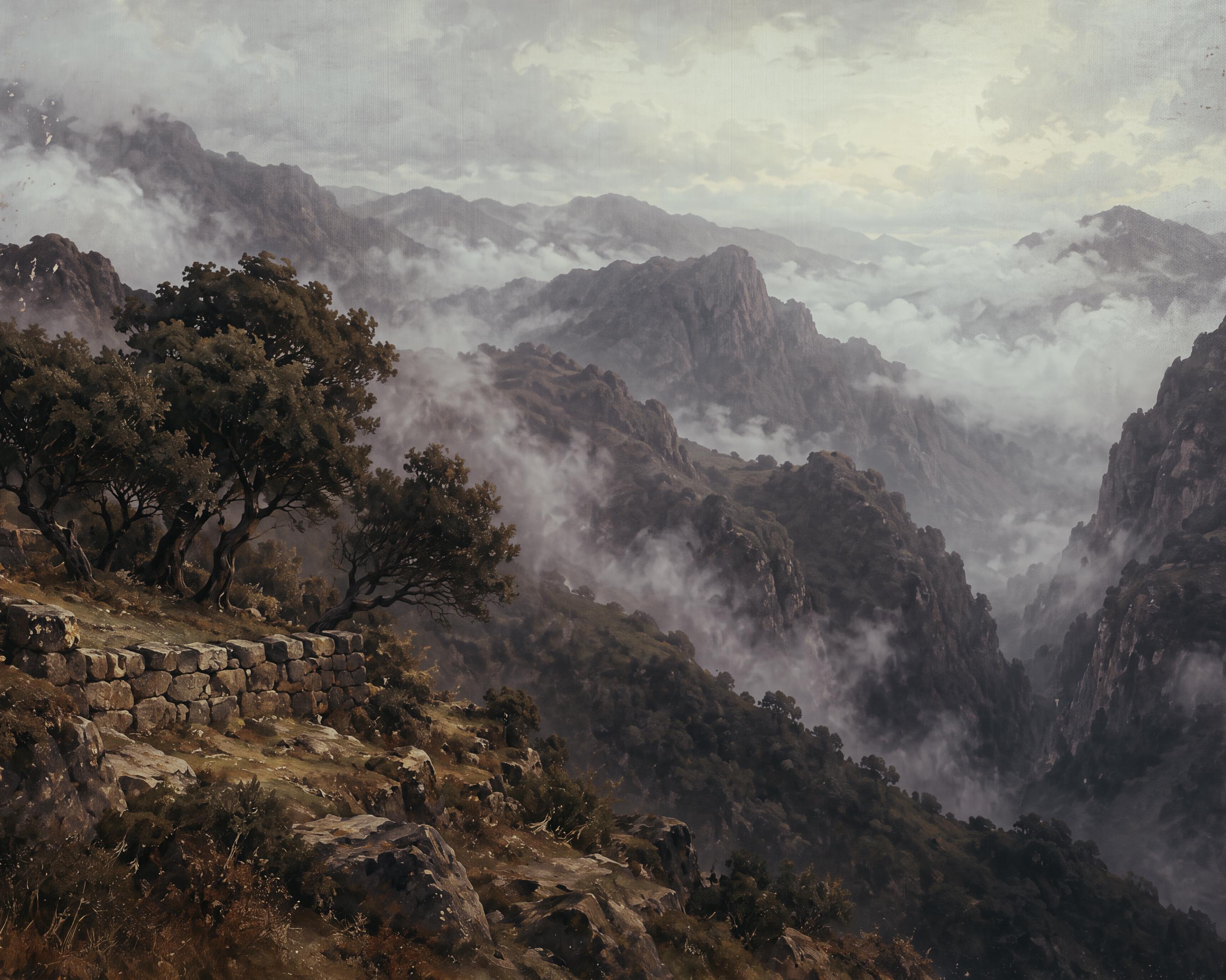 Vintage Misty Mountain Wall Art, Moody Valley Landscape, Rustic Wilderness Dark Academia, Digital Download — image 2