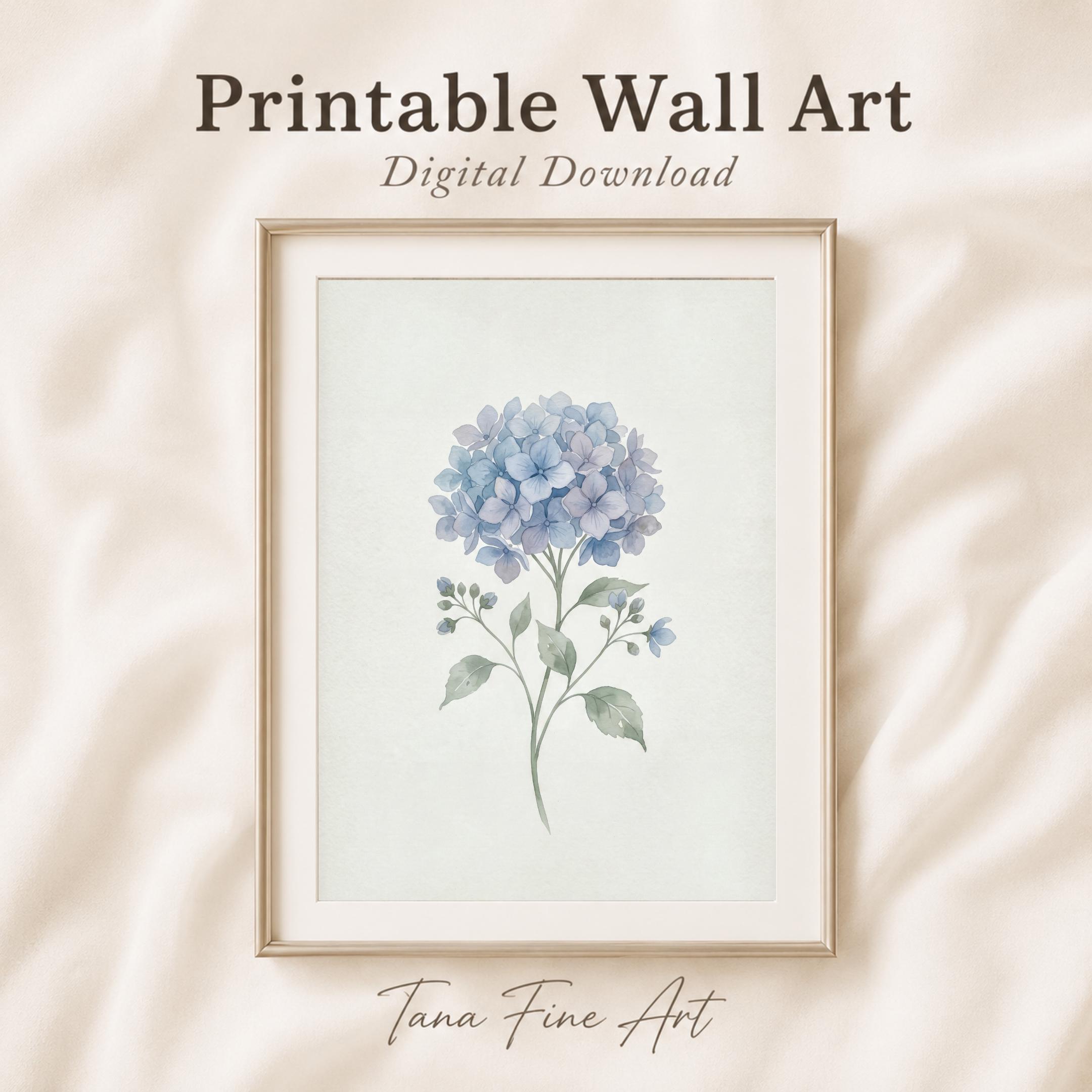 Blue Hydrangea Botanical Print, Minimal Watercolor Flower Wall Art, Soft Cottage Decor (Digital Download) — image 4