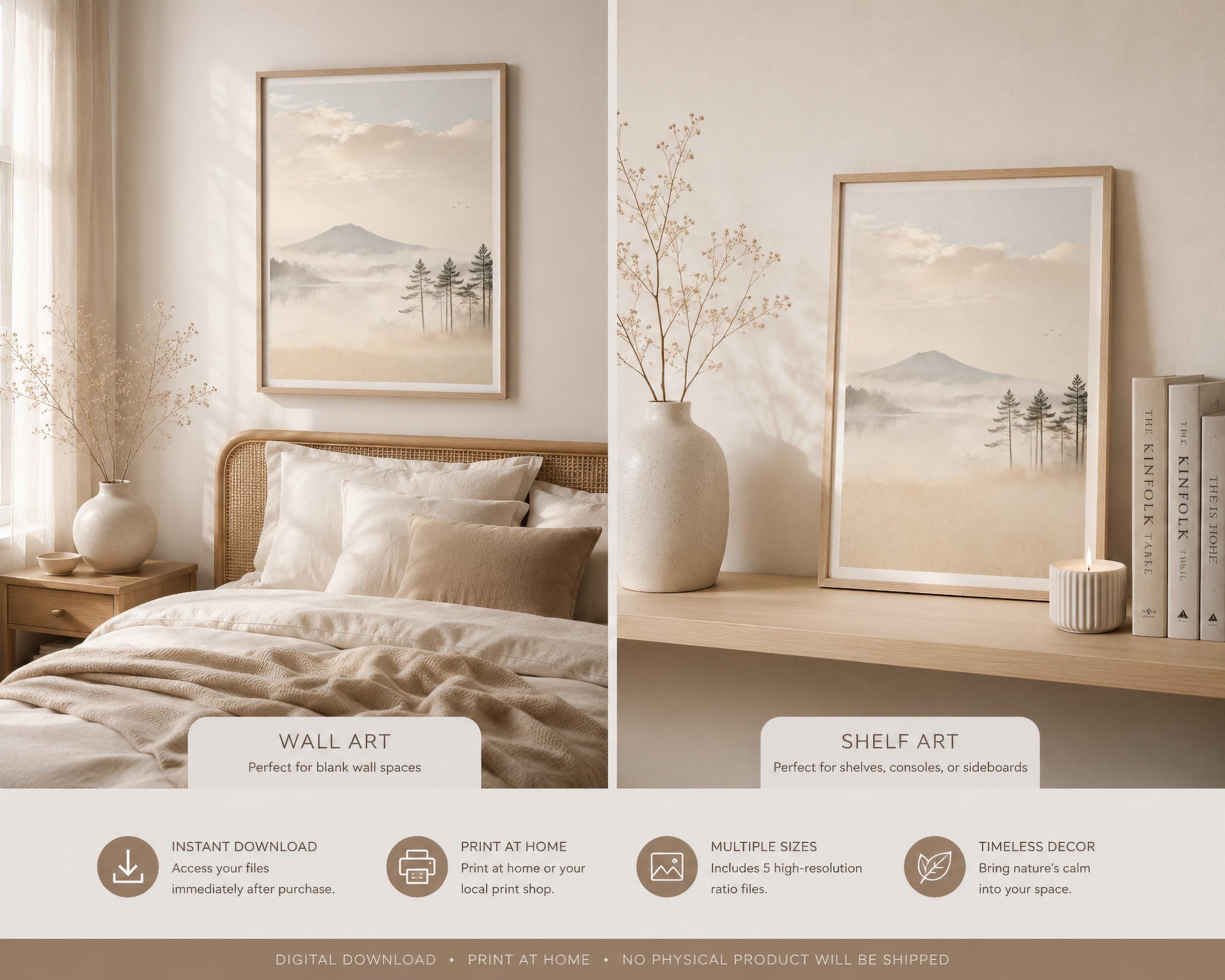 Neutral Mountain Lake Printable Wall Art, Misty Pine Forest, Japandi Decor Digital Download — image 4