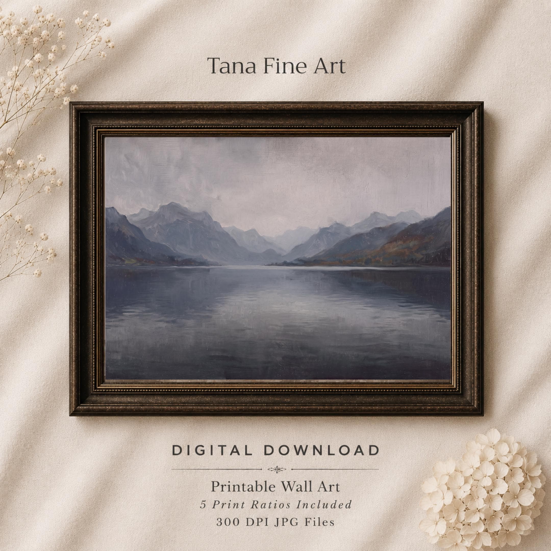 Misty Mountain Lake Wall Art, Vintage Alpine Landscape, Moody Blue Gray Decor, Digital Download
