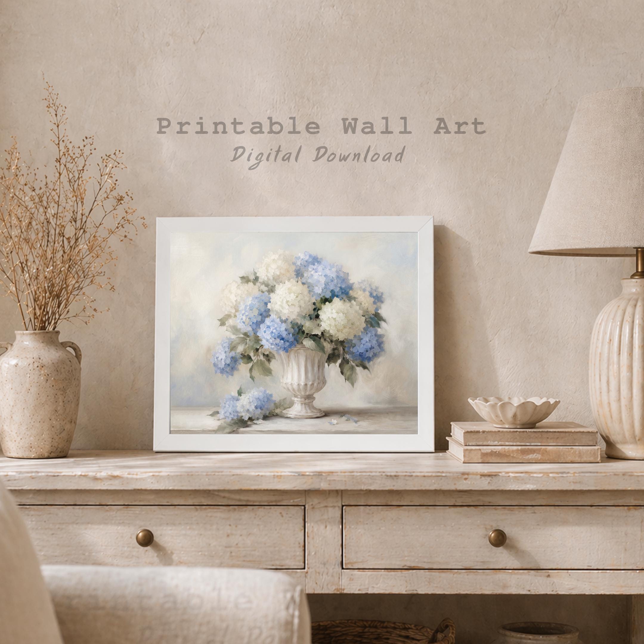 Vintage Blue Hydrangea Wall Art,  Neutral Floral in French Stone Urn (Digital Download) — image 7
