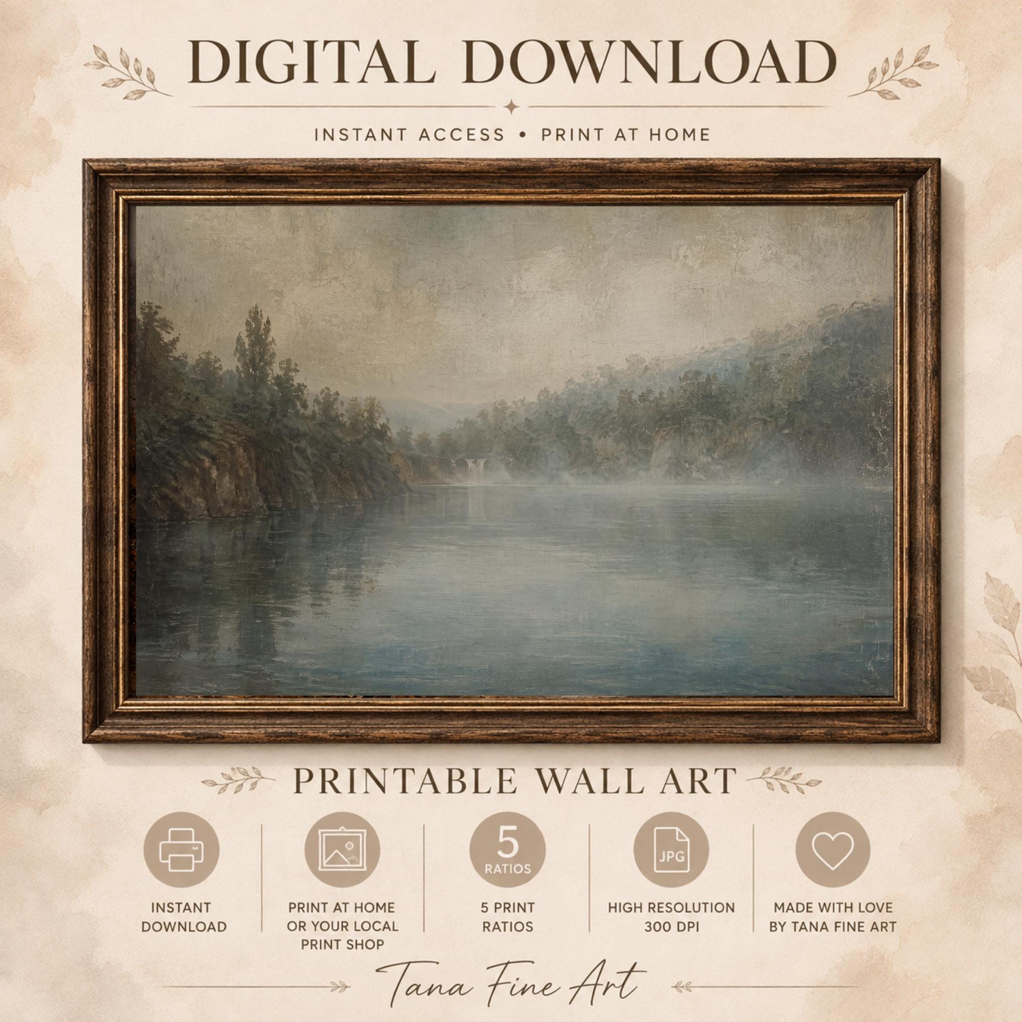 Moody Lake Printable Wall Art, Vintage Waterfall Landscape Bedroom Decor Digital Download — image 8