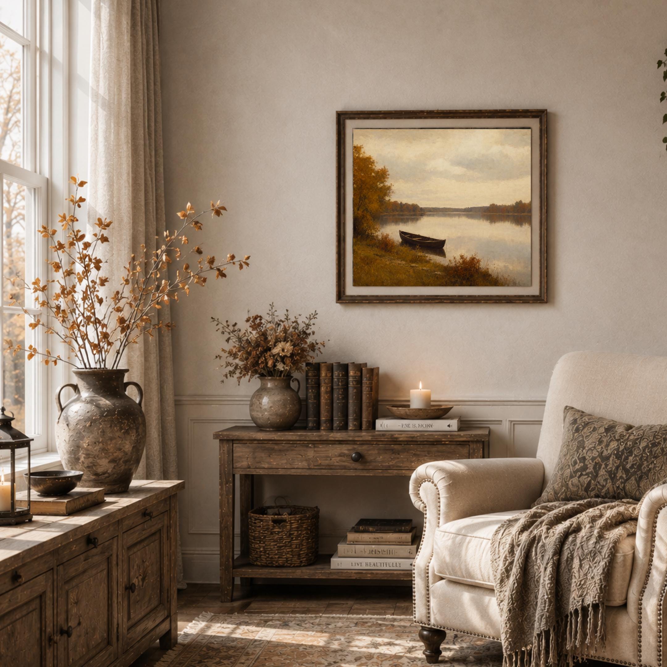 Fall Landscape Wall Art | Vintage Autumn Lake Boat Print | Rustic Printable Digital Download — image 5