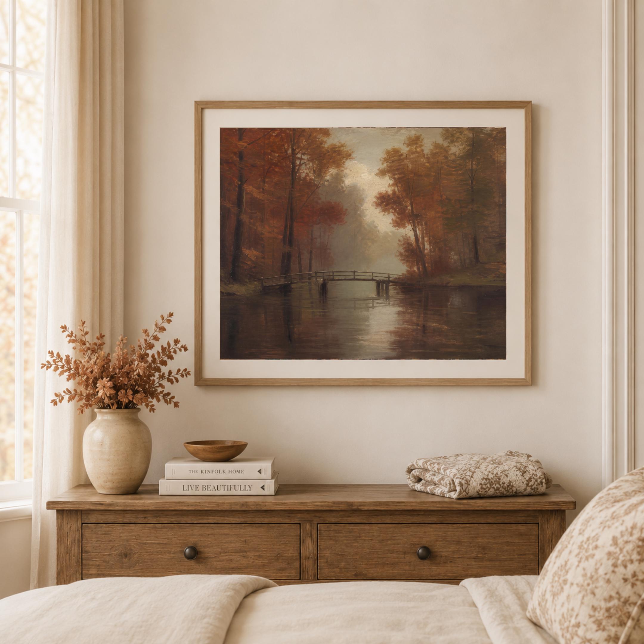Moody Fall Forest Wall Art | Autumn River Bridge Print | Vintage Landscape Printable Digital Download — image 3