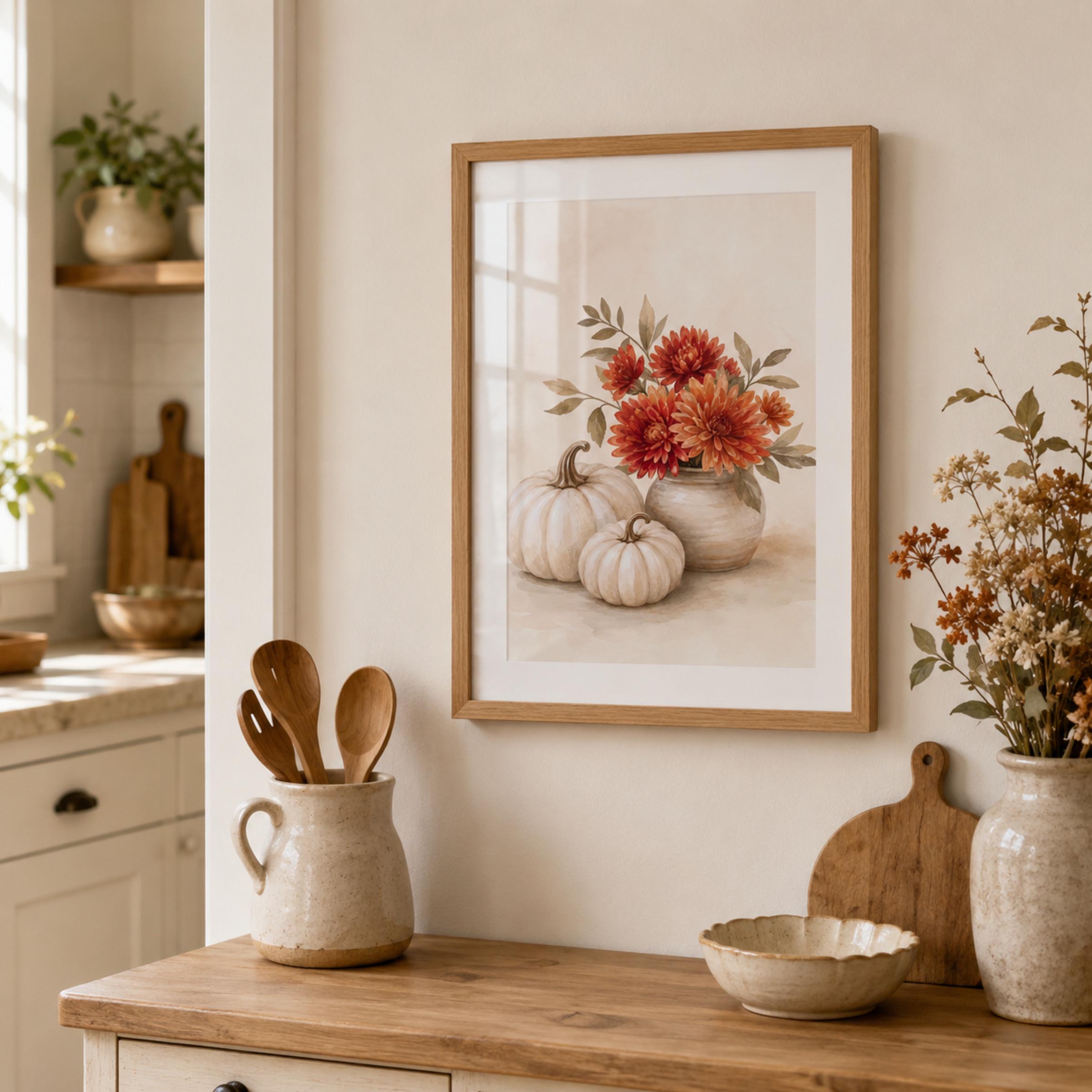 Pumpkin Floral Fall Wall Art | Fall Chrysanthemum Still Life | Autumn Printable Digital Download — image 2