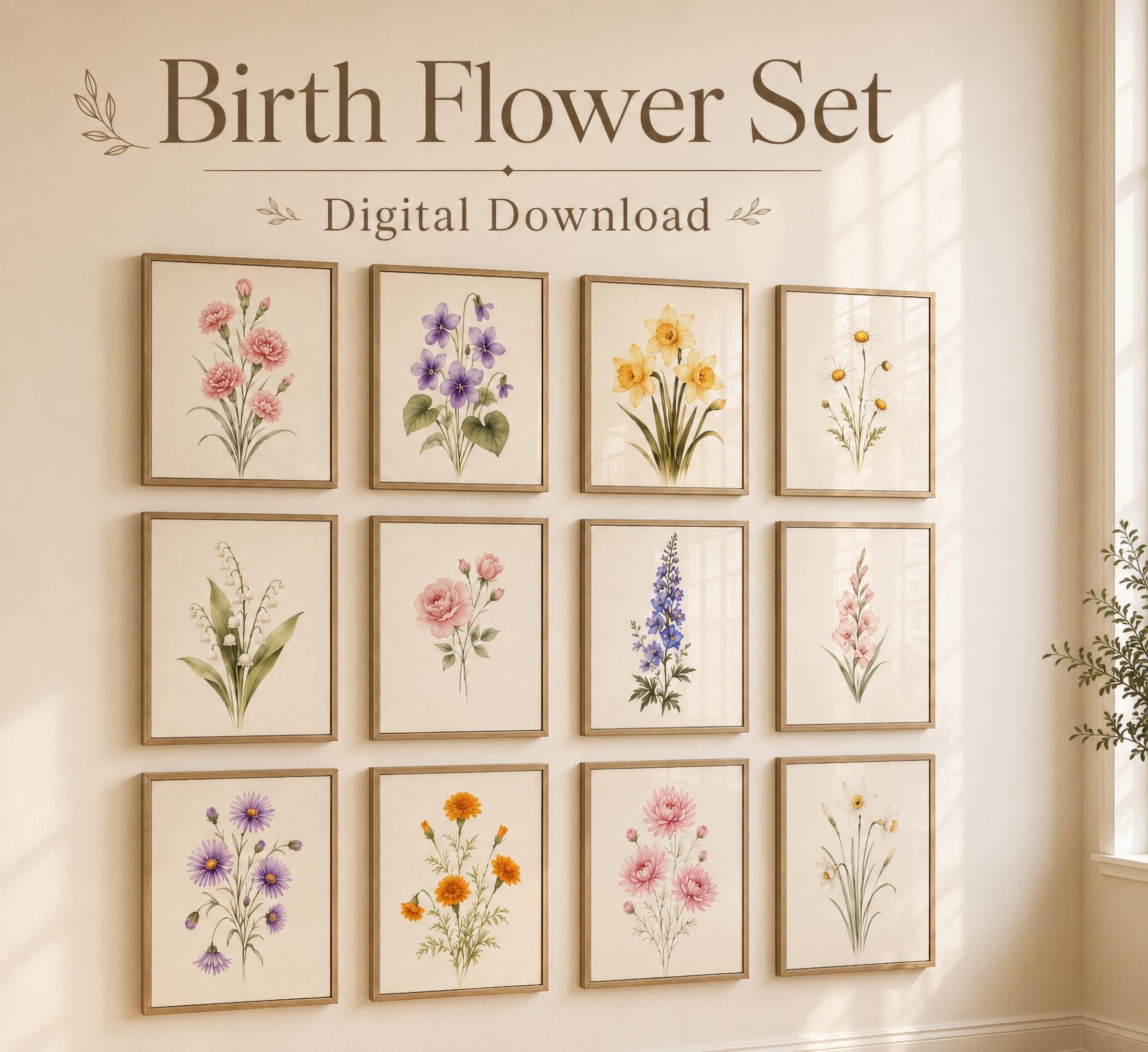 Birth Month Flower Set of 12 Prints | Minimal Botanical Printable Wall Art Digital Download — image 3