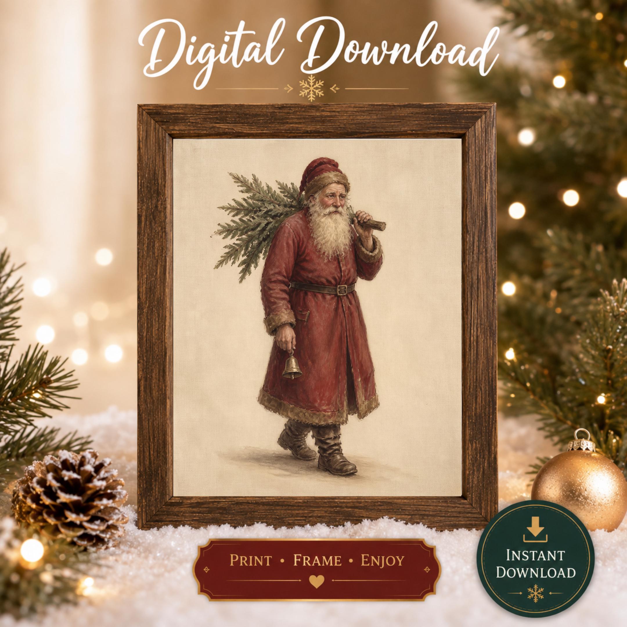 Vintage Santa Carrying Christmas Tree Printable Wall Art, Old World Holiday Digital Download — image 3
