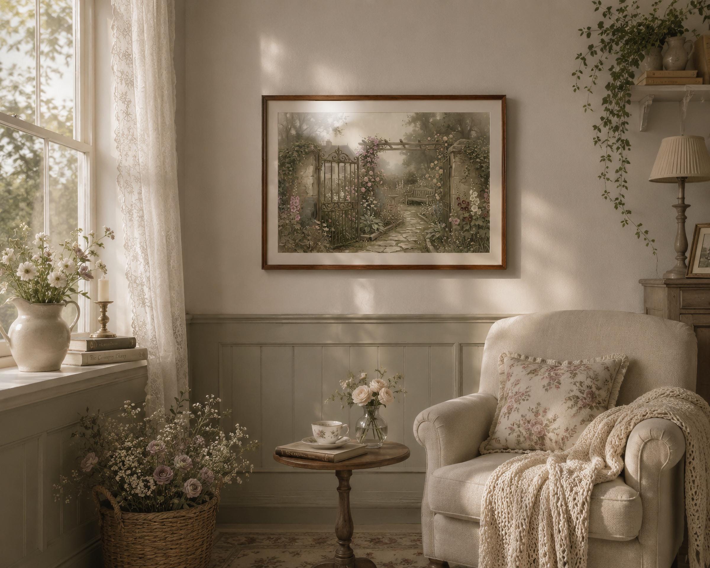 Secret Garden Wall Art, Vintage Cottage Garden Gate Print, Romantic Floral Landscape (Digital Download) — image 3