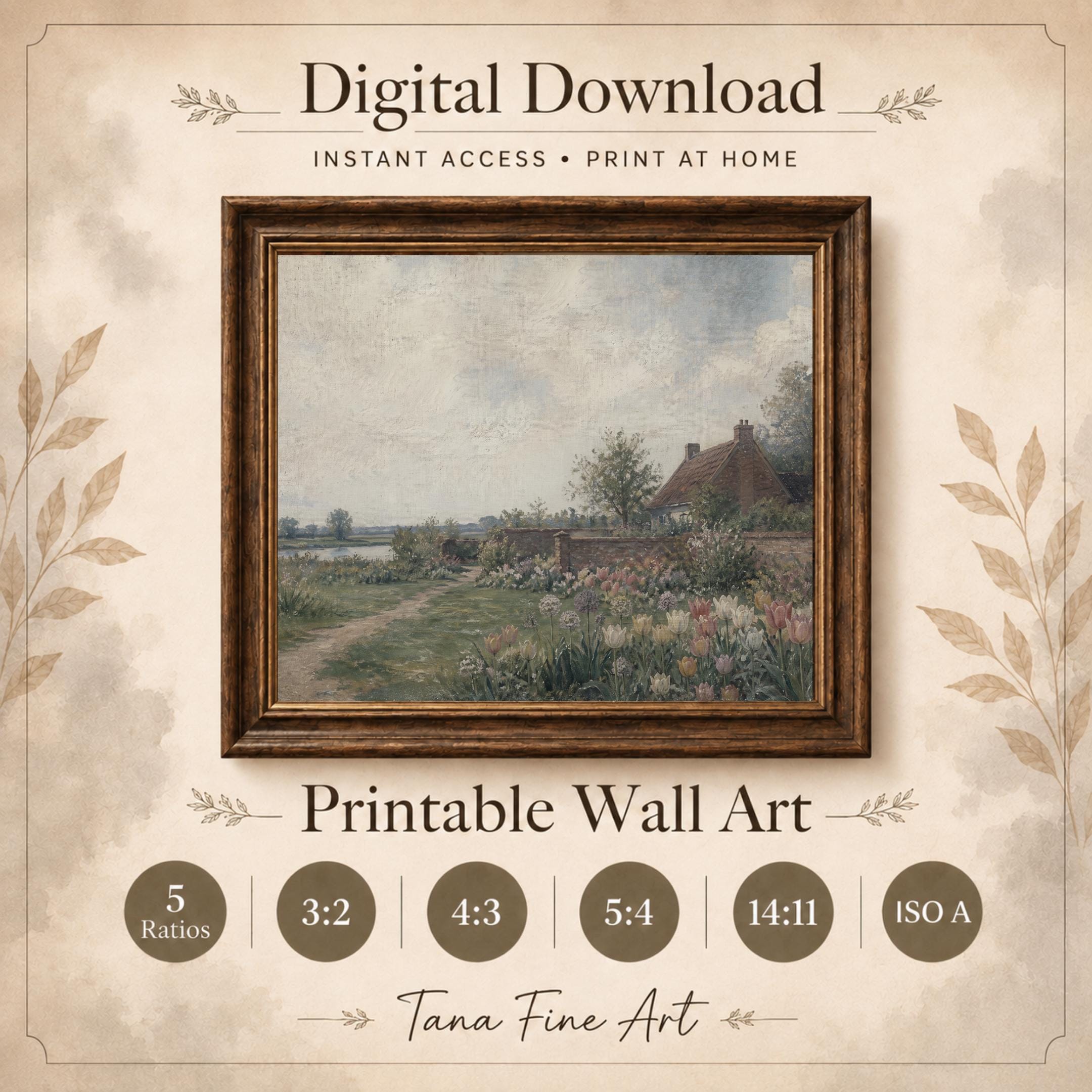 Vintage Dutch Tulip Garden Wall Art, Spring Cottage Landscape, Floral Country Decor, Digital Download — image 9