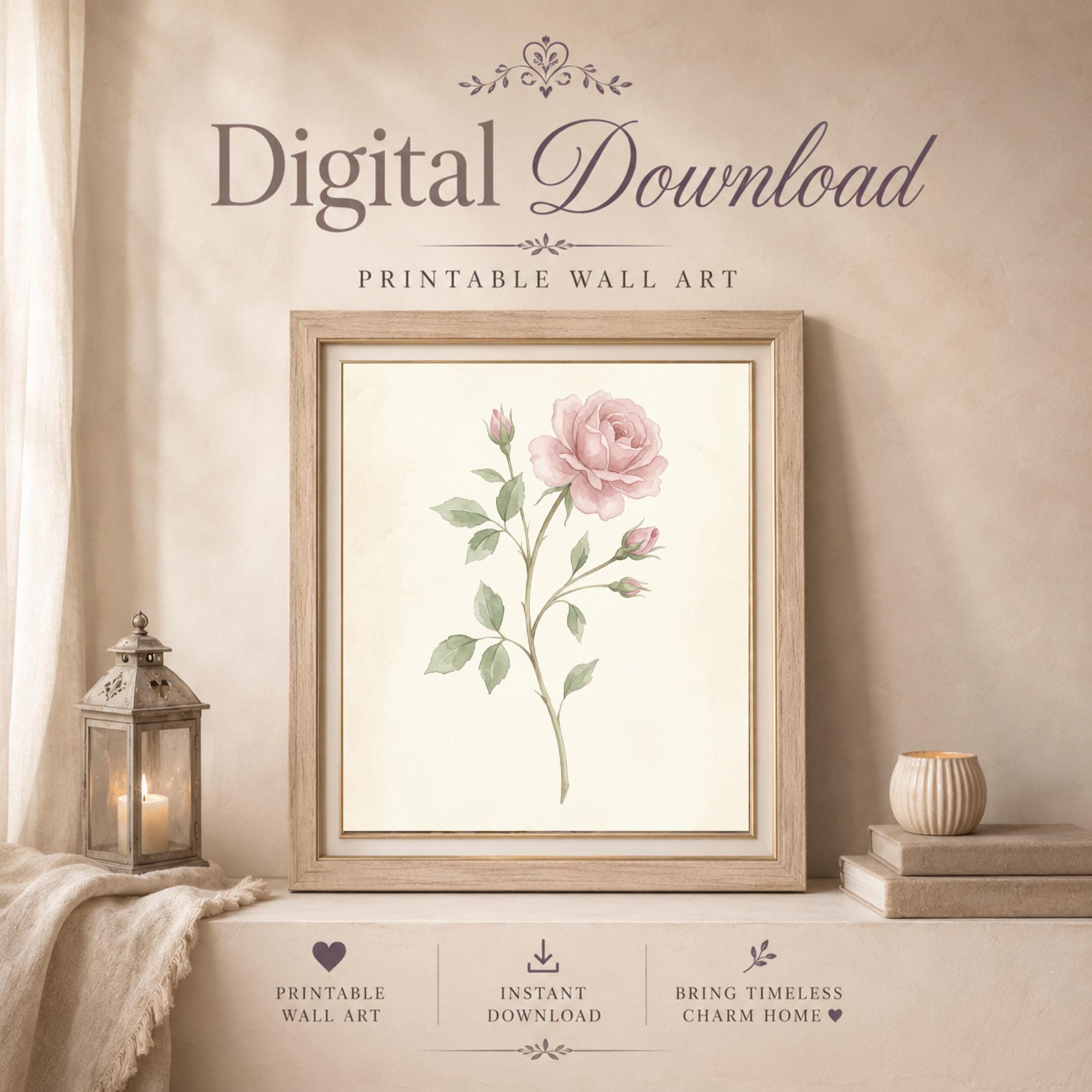 June Birth Flower Wall Art, Nursery Pink Rose Botanical , Watercolor Floral Decor (Digital Download) — image 6