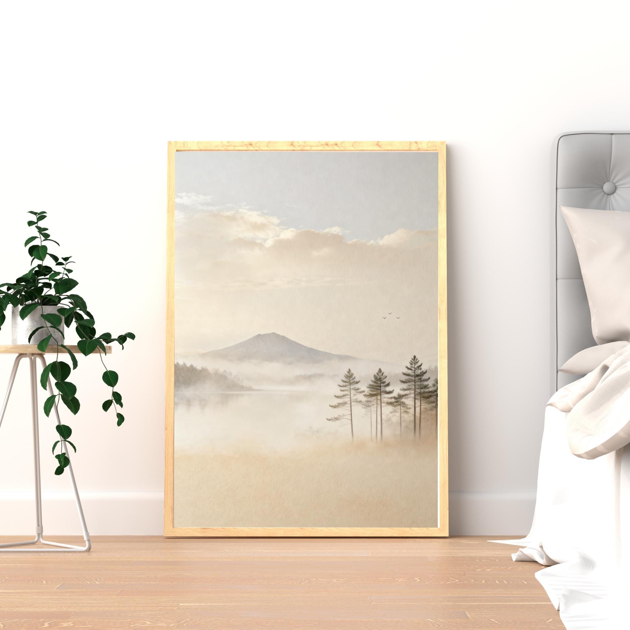 Neutral Mountain Lake Printable Wall Art, Misty Pine Forest, Japandi Decor Digital Download — image 7