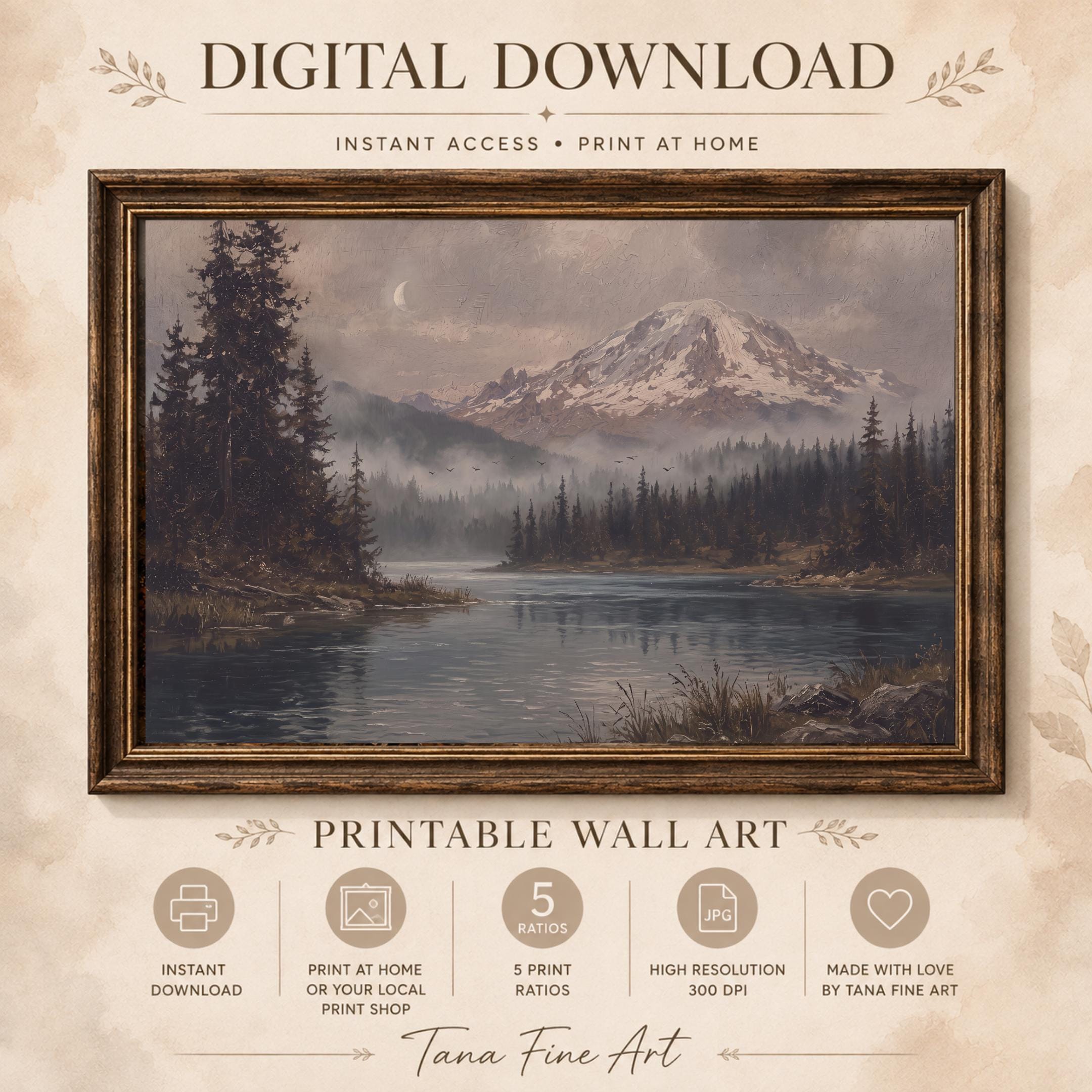 Moody Mountain River Printable Wall Art, Vintage Forest Landscape, Crescent Moon, Rustic Digital Download — image 7