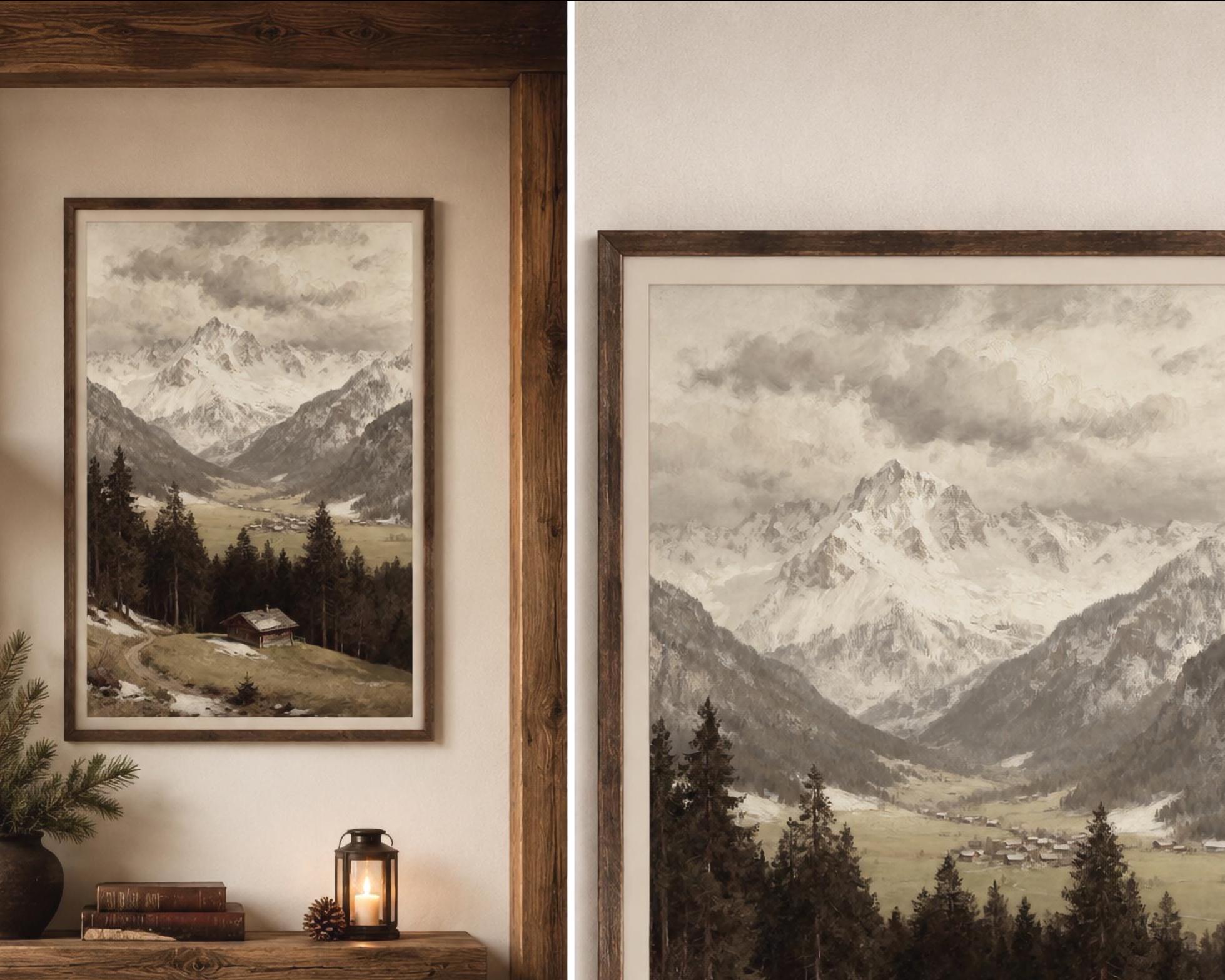 Alpine Mountain Landscape Wall Art, Rustic Cabin Valley, Vintage Paintings Nature Decor (Digital Download) — image 7