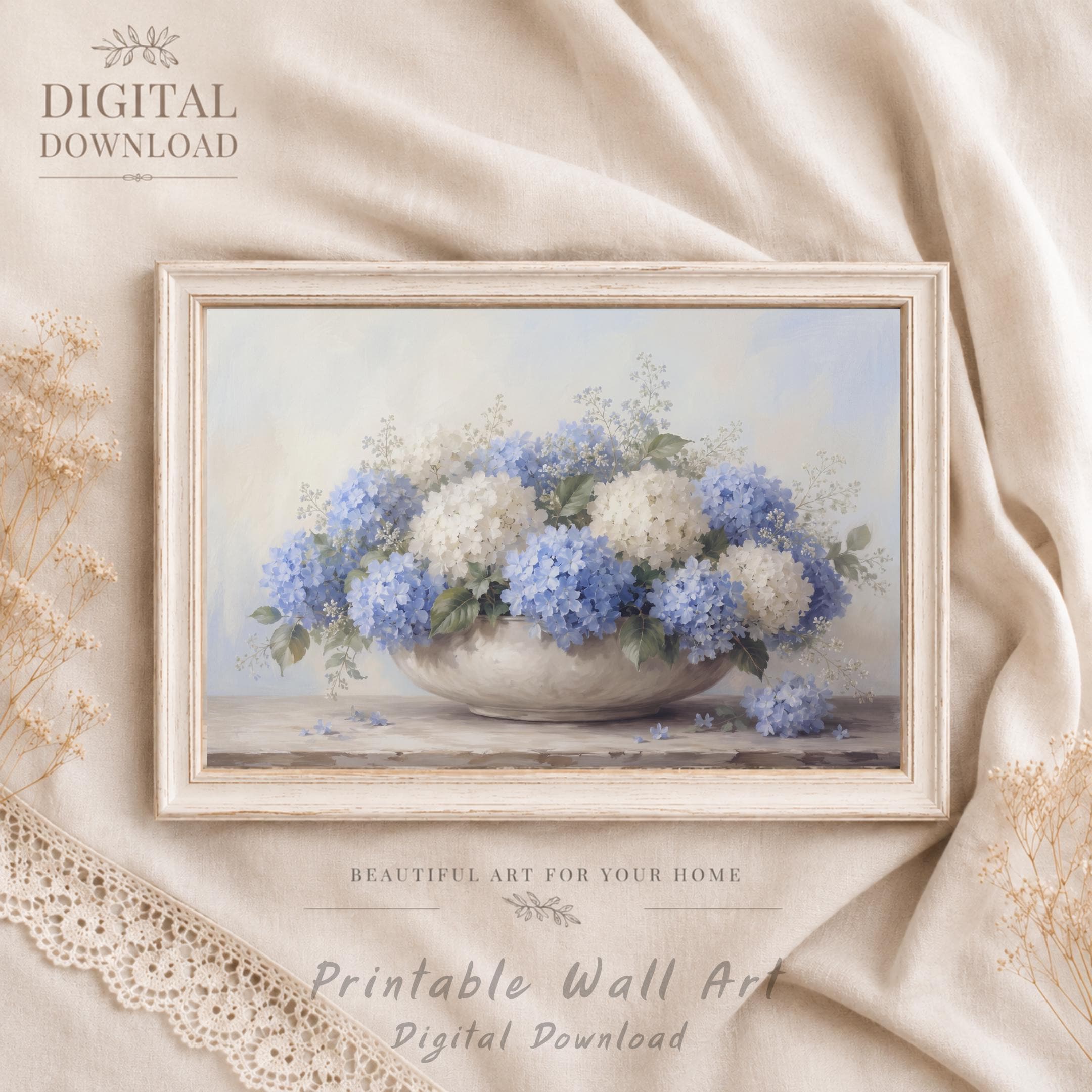 Blue Hydrangea Wall Art, Coastal Summer Neutral Floral Prints in Low Bowl (Digital Download)