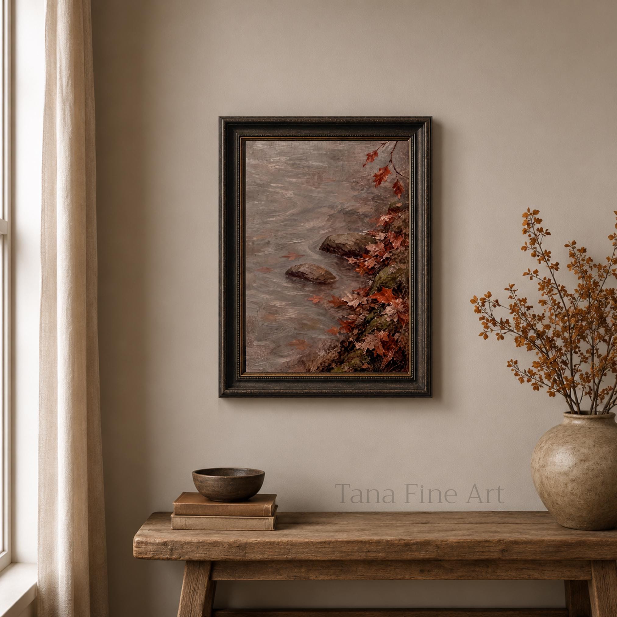Vintage Autumn Stream Printable Wall Art, Fall Leaves Print, Cottagecore Decor Digital Download — image 3