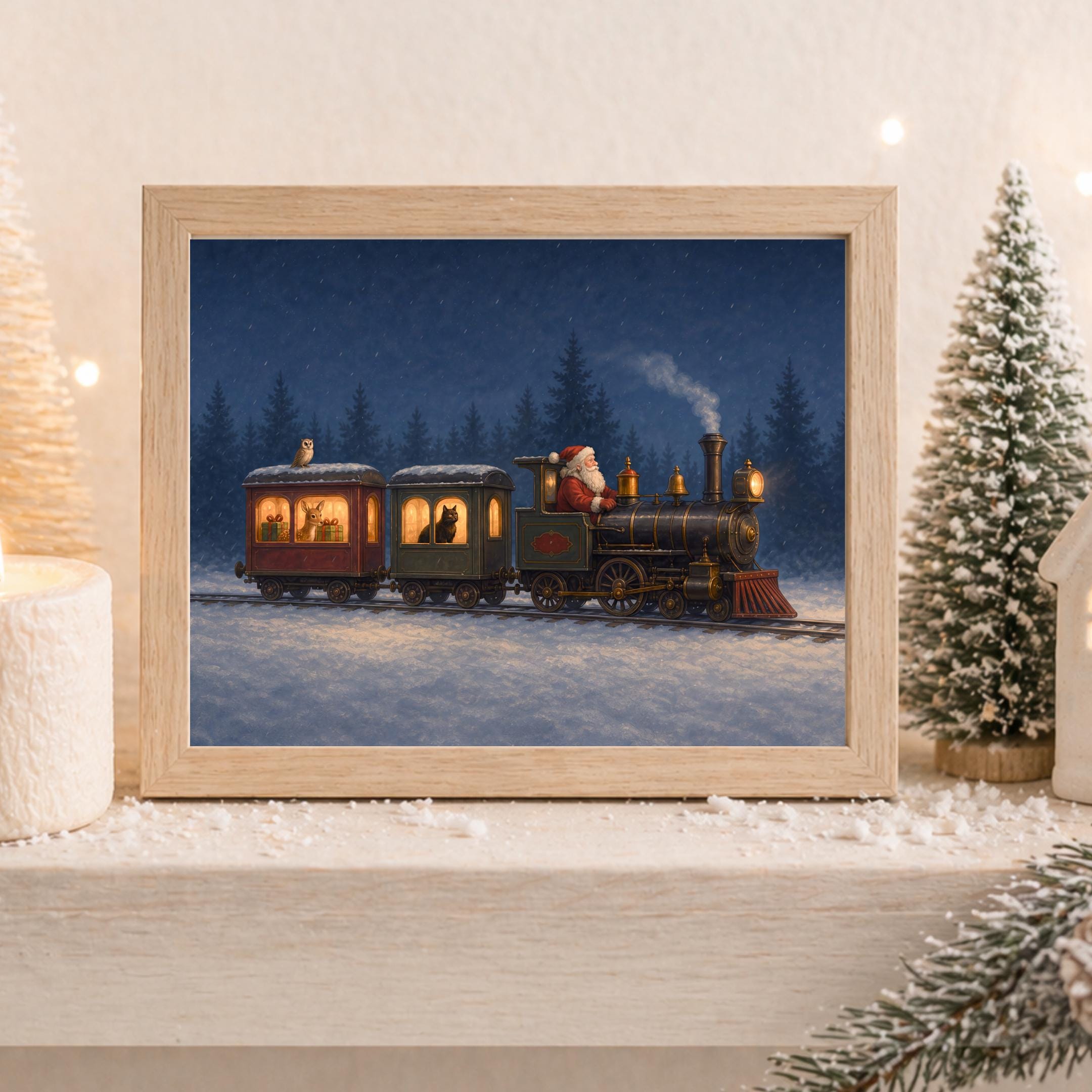 Vintage Santa Christmas Train Printable Wall Art, Snowy Woodland Digital Download — image 7