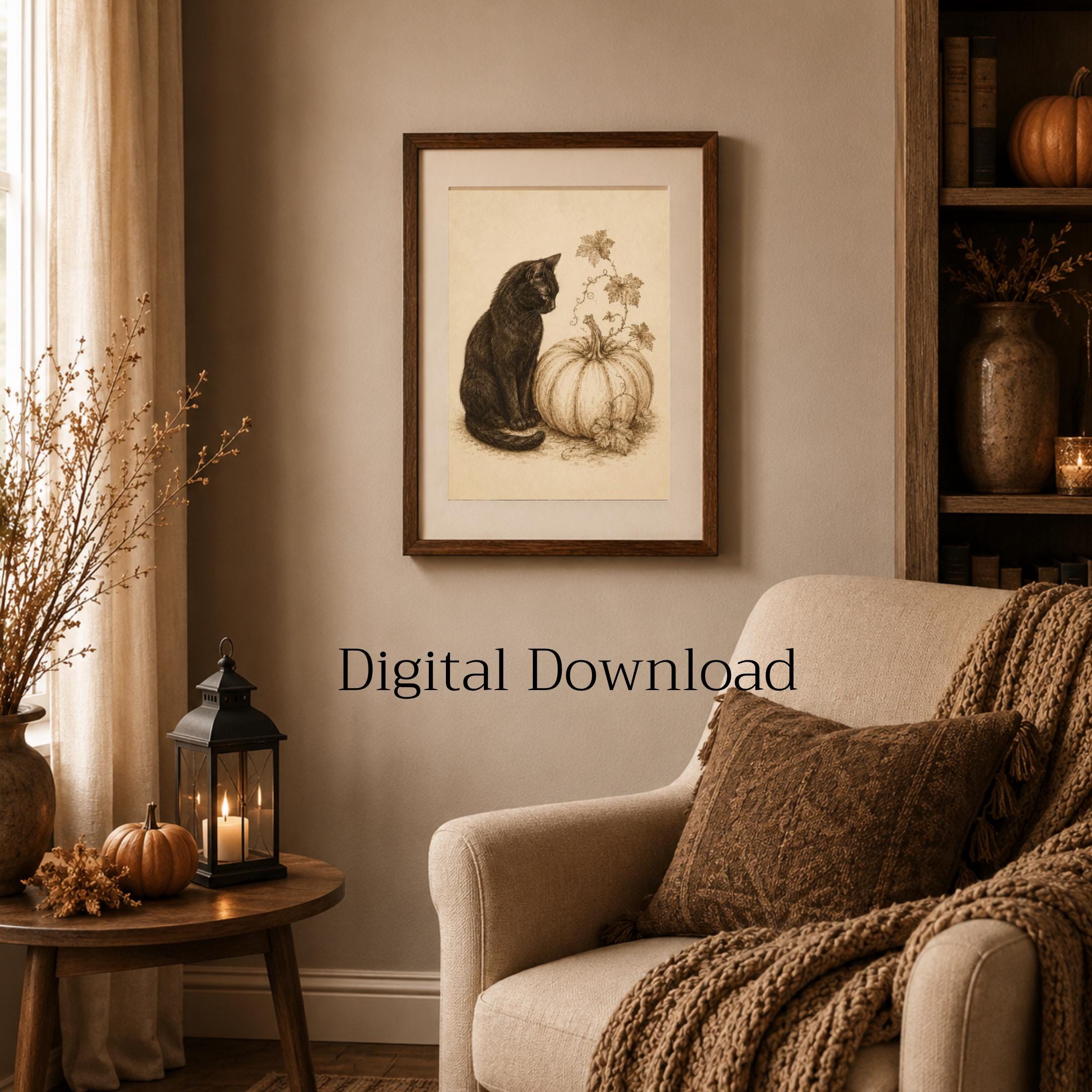 Halloween Black Cat, White Pumpkin Art, Vintage Fall Botanical, Rustic October Halloween Digital Download — image 7