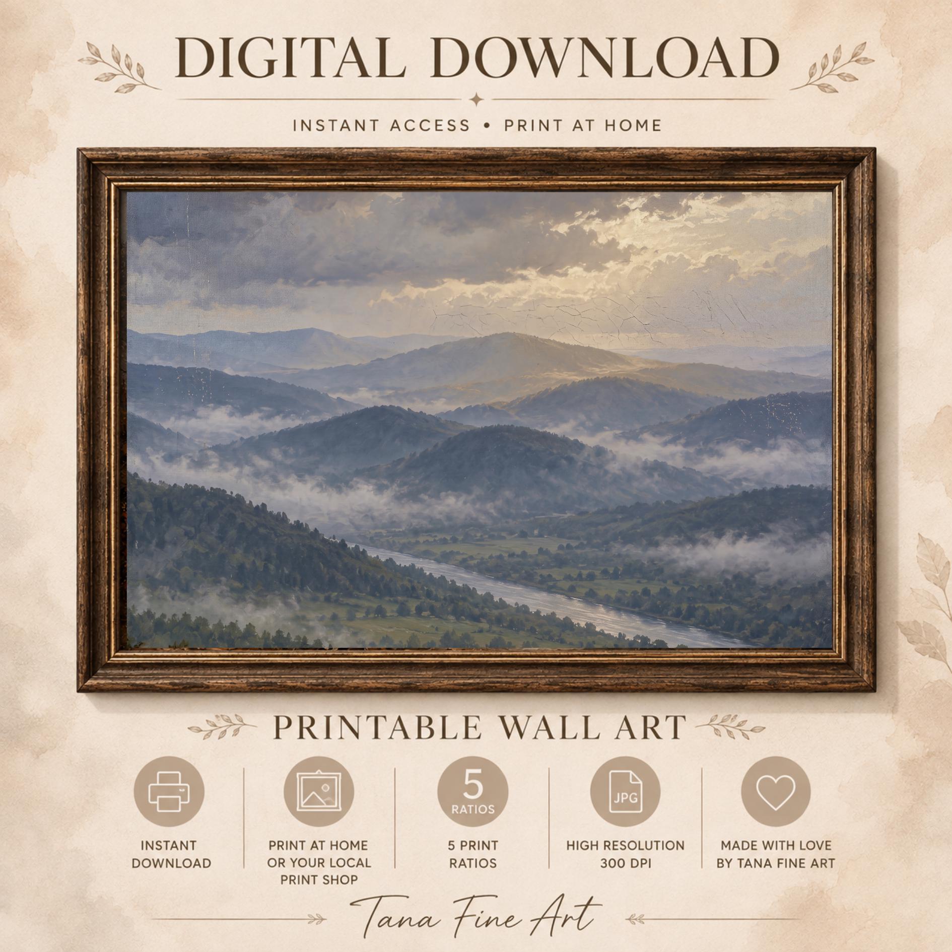 Misty Mountain Valley Printable Wall Art, Serene Blue Landscape Nature Home Decor Digital Download